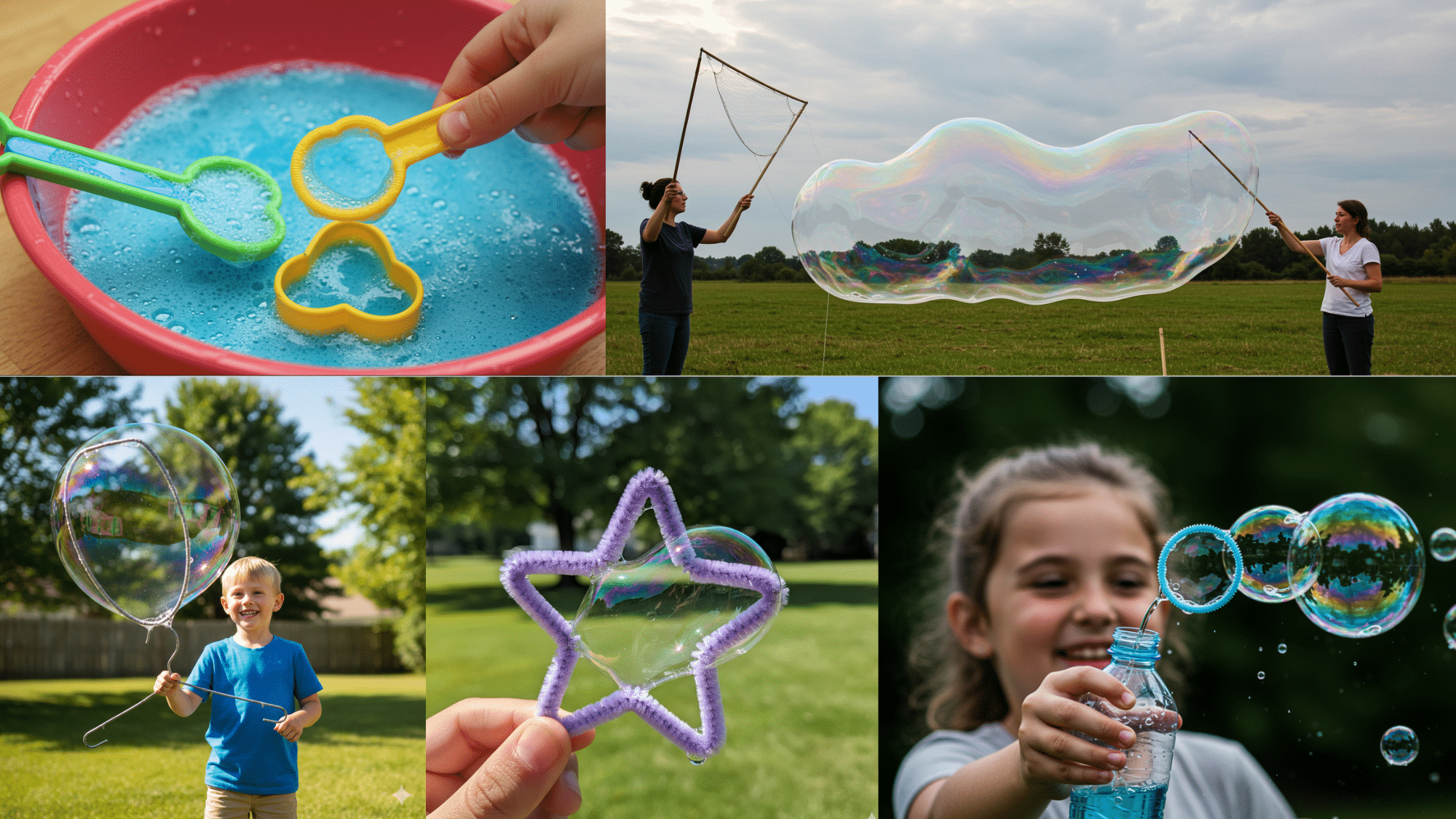collage of bubble-making fun pipe cleaner star wand, giant bubble, bubble snake with a sock, and kids making giant bubbles outdoors