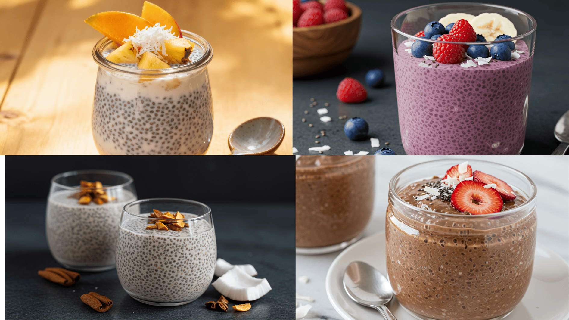 collage showing four coconut chia pudding variations topped with mango berries coconut flakes almonds and strawberries in glass jars and bowls