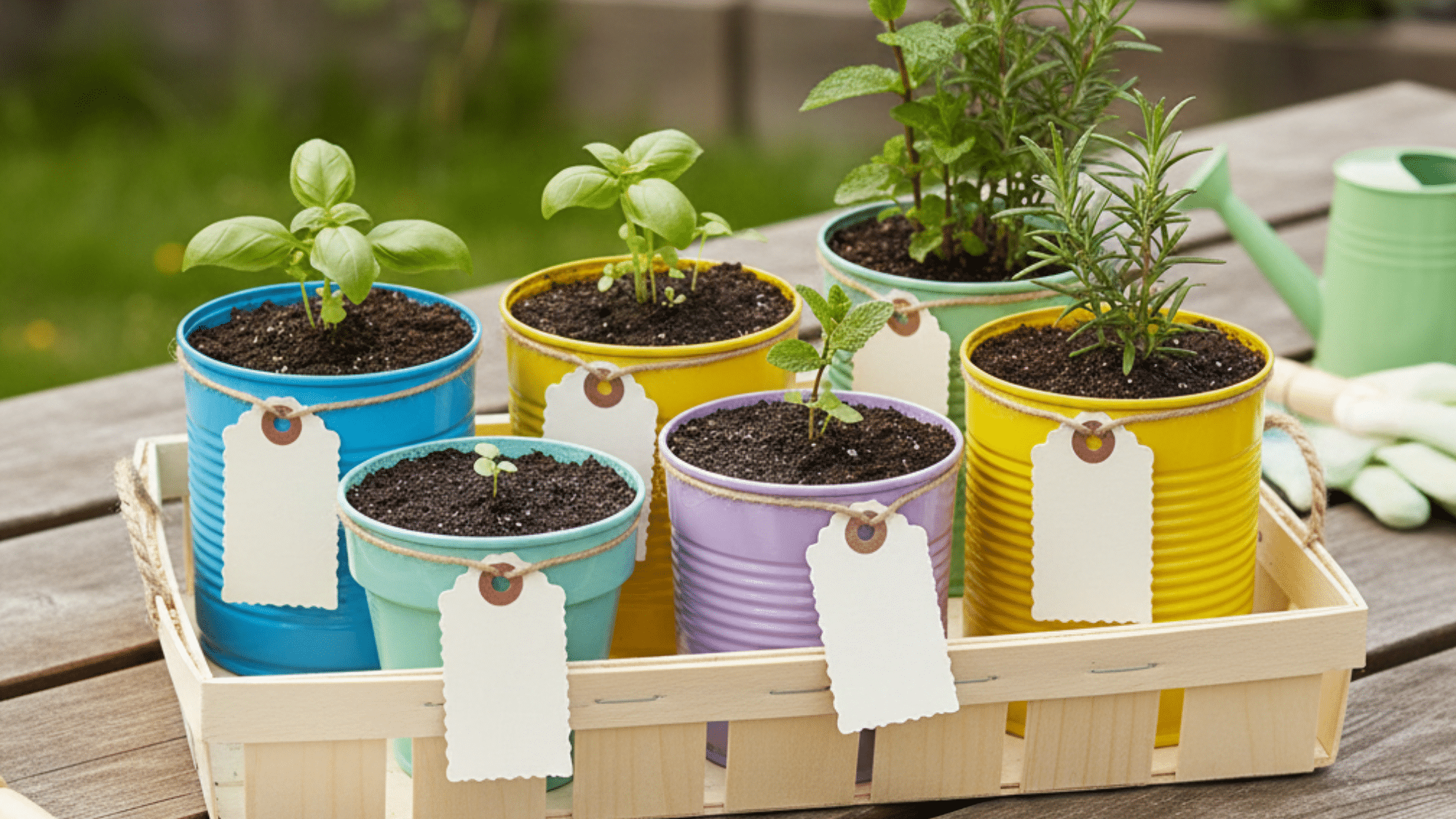 collection of small plants growing in colorful upcycled cans arranged on a wooden tray in a garden setting.