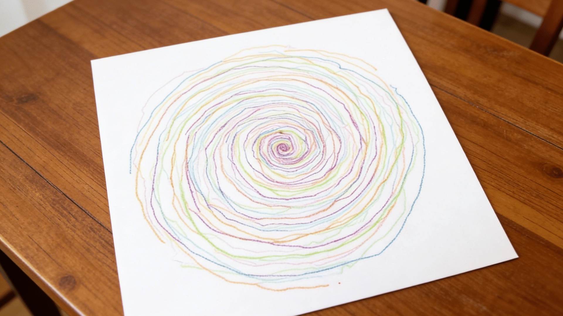 color pencil color spiraling outward from the center of a round white paper