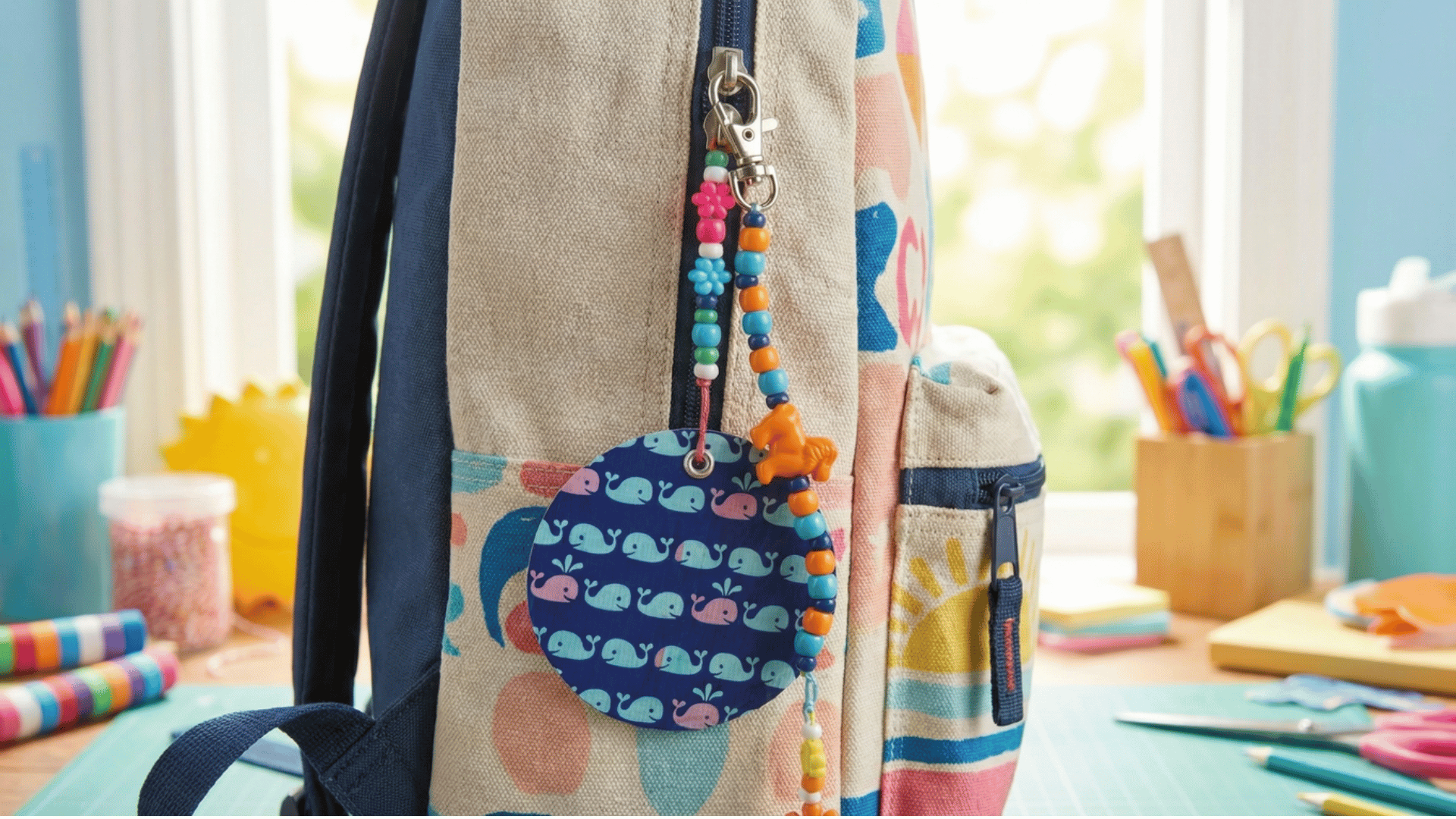 colorful diy backpack charm with beads and patterned paper shapes like hearts and stars, attached to a keychain clip
