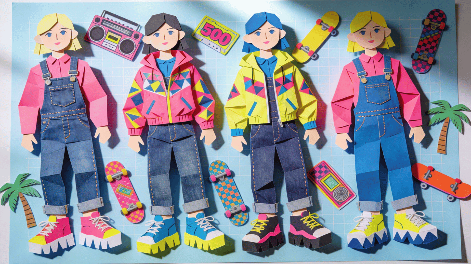 colorful flat lay of vintage 90s-style paper dolls wearing denim overalls, bold jackets, and chunky shoes, surrounded by skateboards and retro accessories