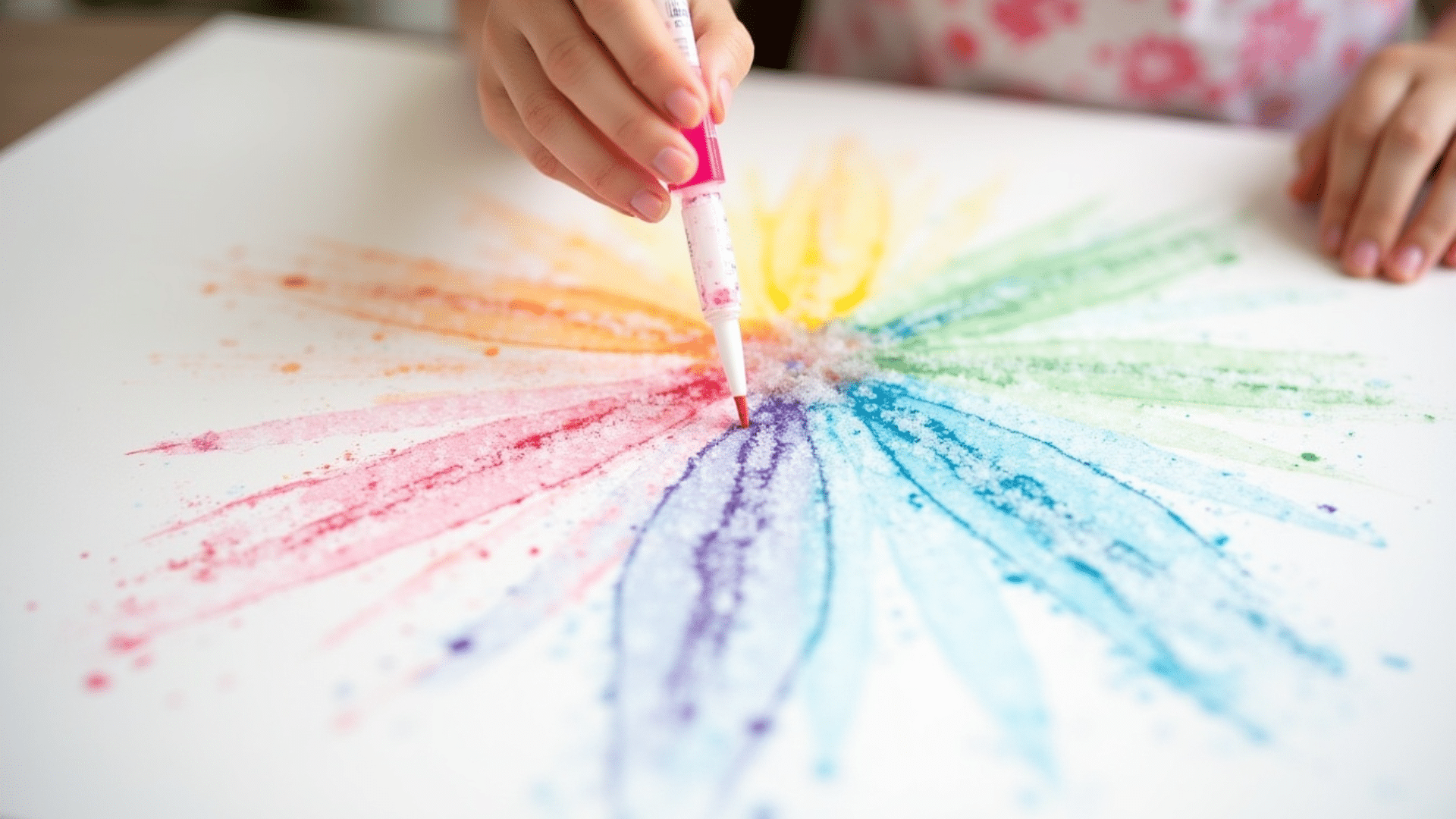 colorful food coloring bleeding through raised salt lines on white cardstock creating a glowing design