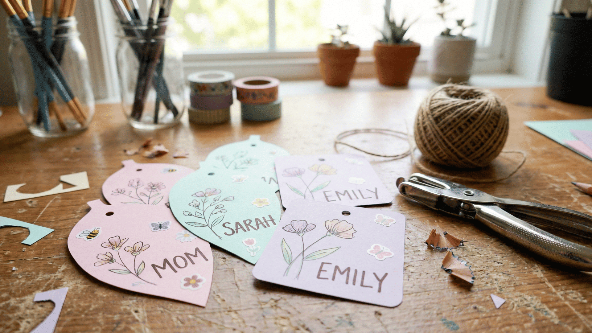 colorful hand-drawn gift tags with names and floral sketches rest on a craft table with twine and a hole punch.