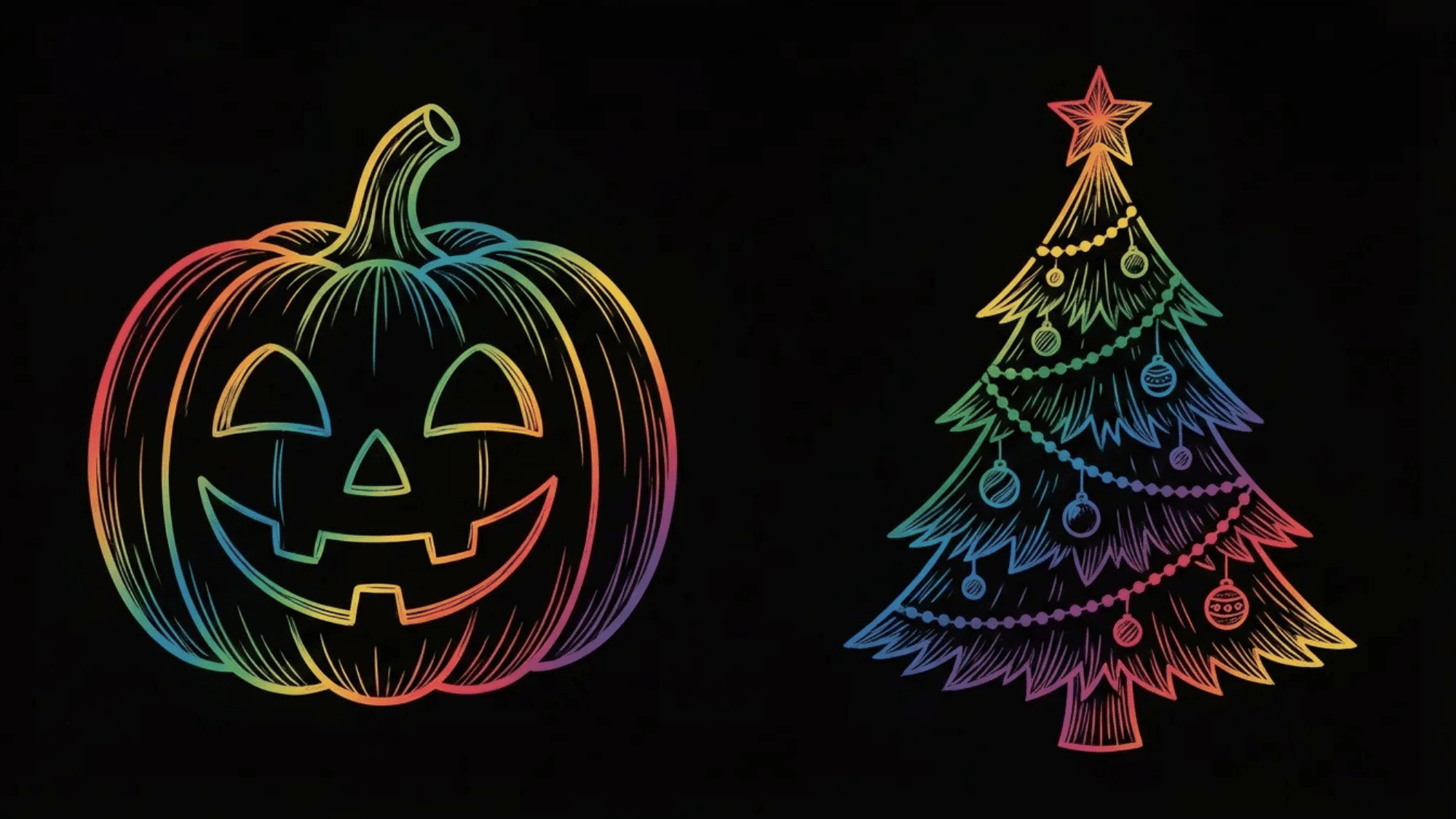 colorful neon-style illustrations of a Halloween pumpkin and a Christmas tree on a black background