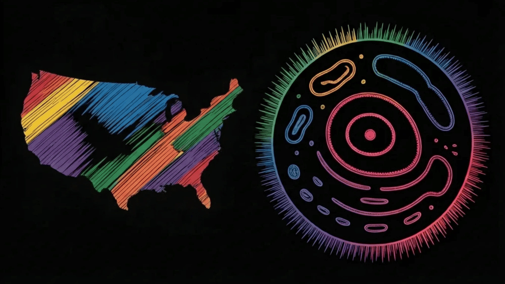 colorful outline illustrations of the United States map and a cell