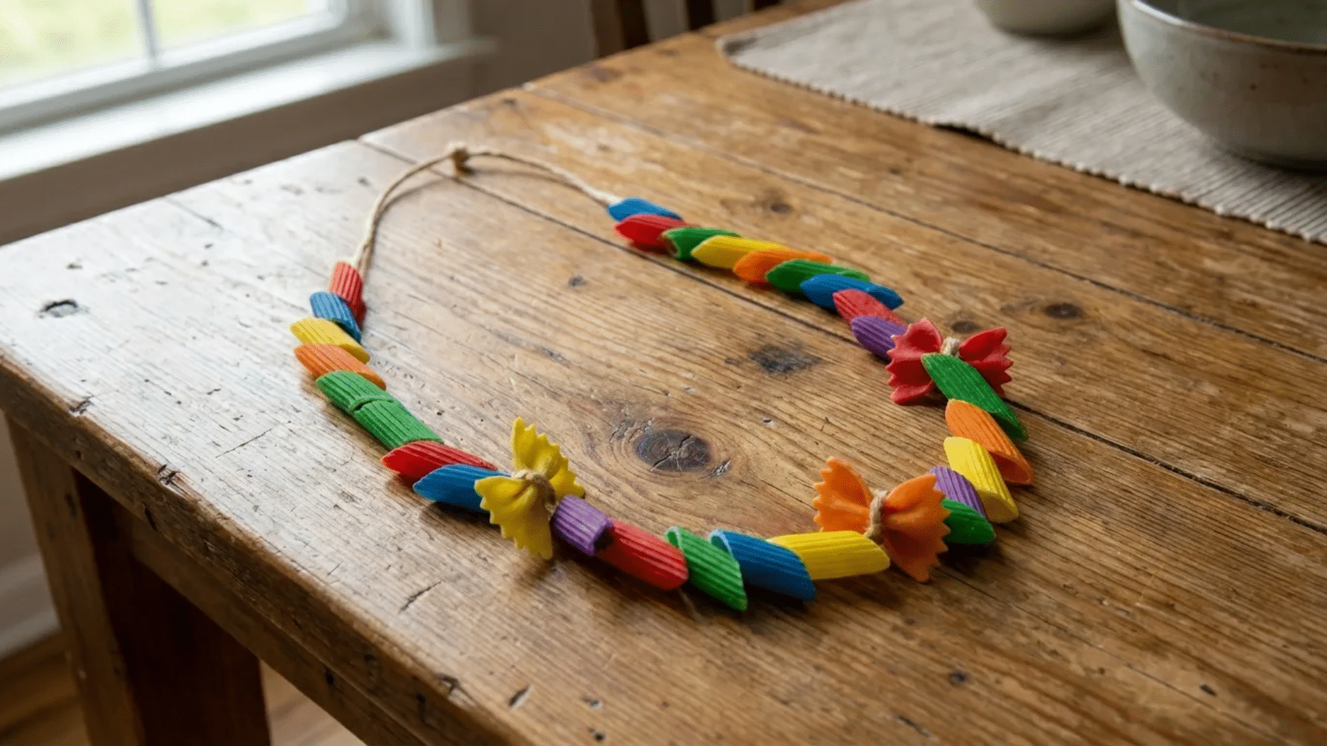 colorful painted penne pasta pieces threaded on yarn as a simple kids necklace