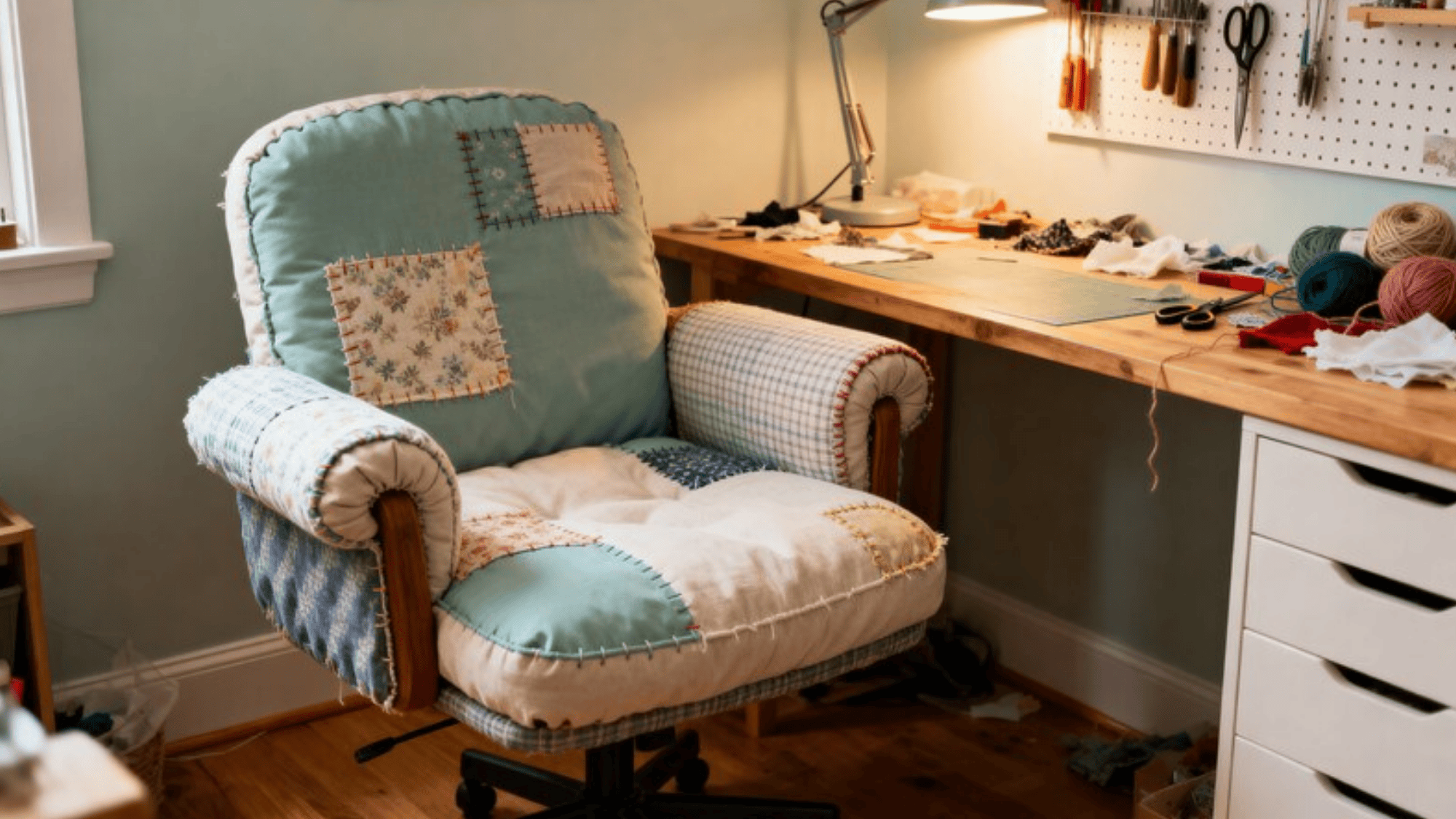 comfortable patched armchair in a cozy craft room, with a wooden desk cluttered with sewing supplies, yarn, and tools, illuminated by a desk lamp