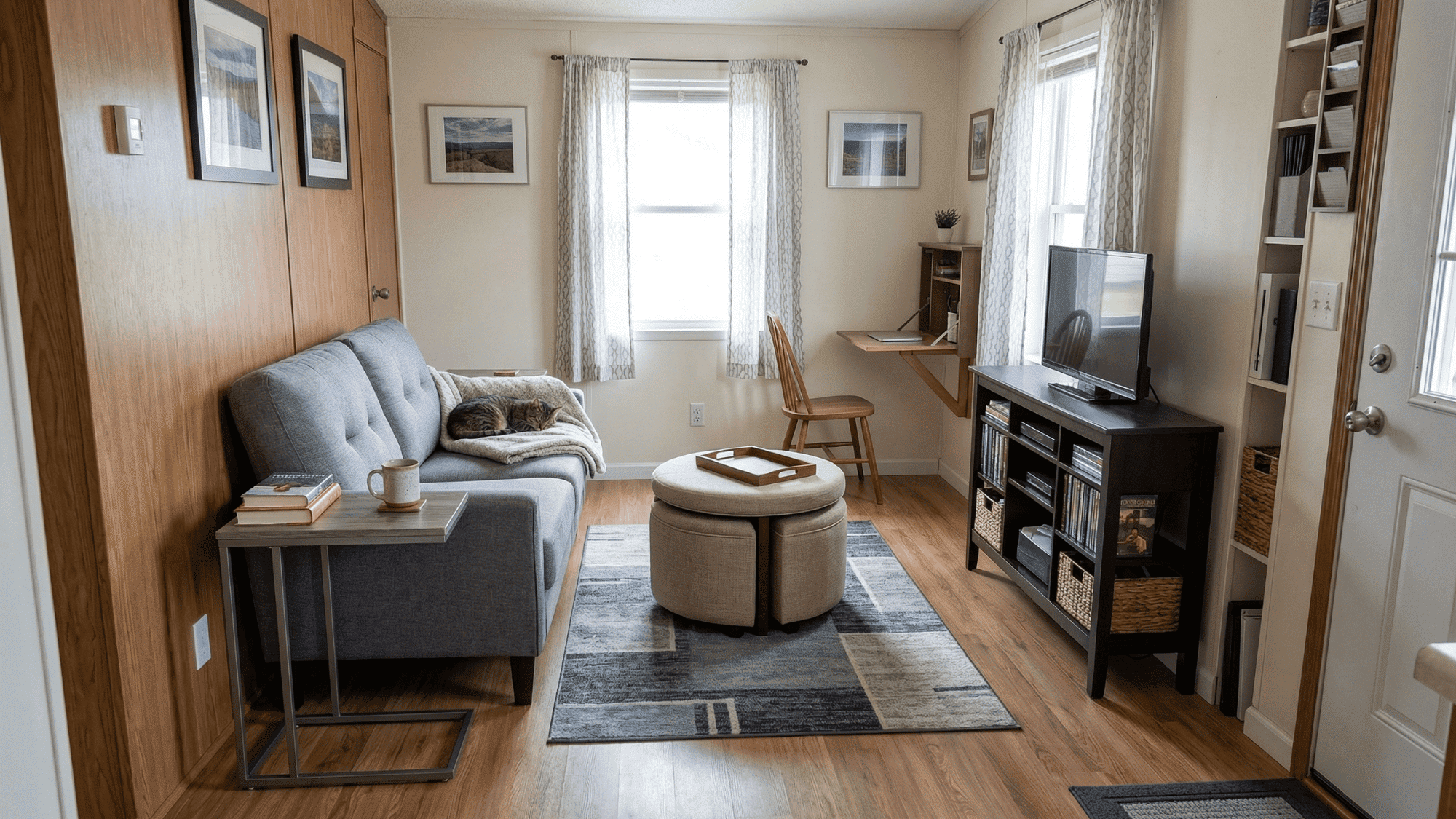 compact furniture for a space-saving mobile home living room.