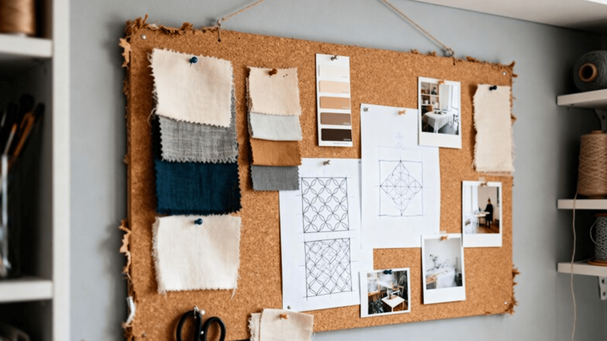 corkboard with fabric swatches, color palettes, design sketches, and photos pinned up for inspiration, with a pair of scissors on the side