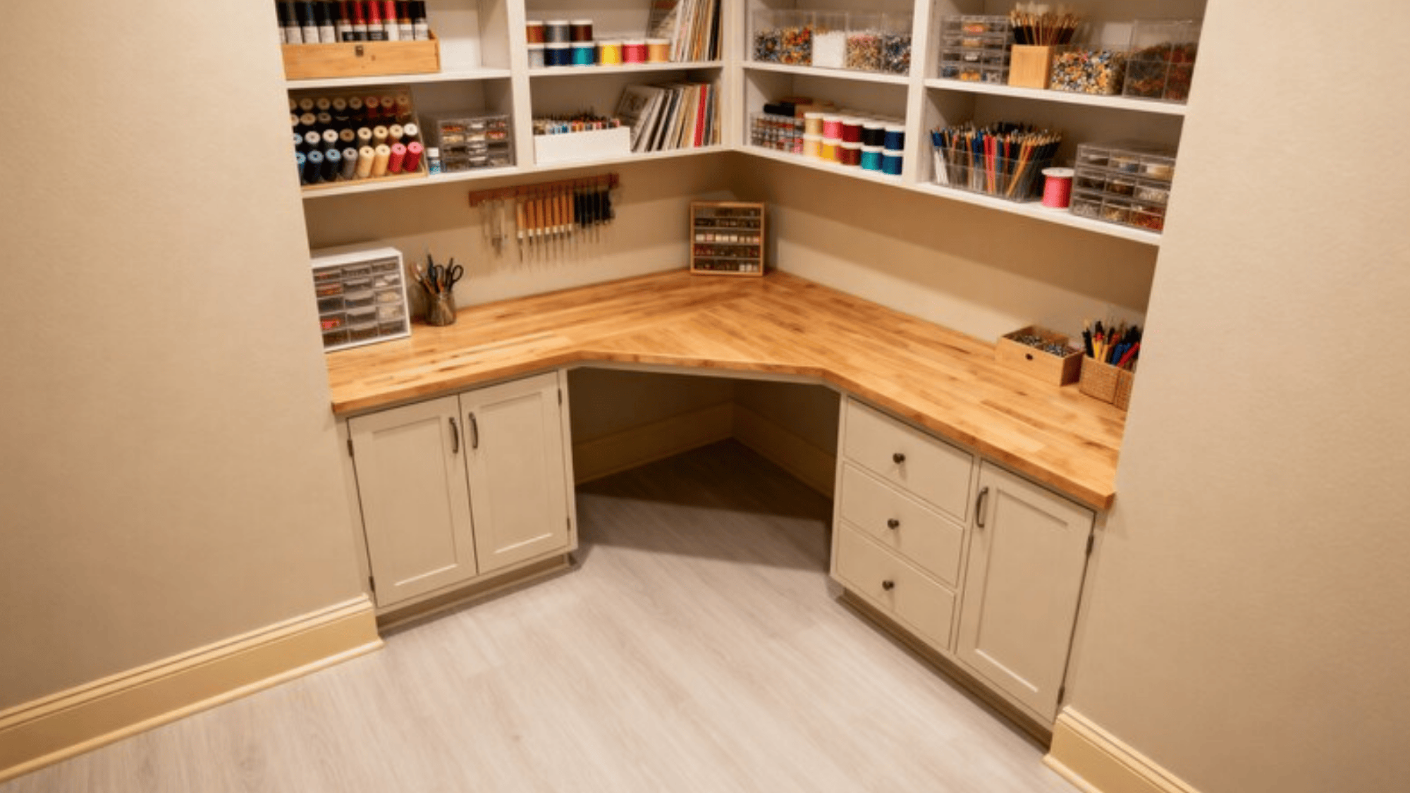 corner crafting desk with organized shelves above, filled with spools of thread, beads, markers, and supplies, along with drawers for storage in a clean, bright workspace