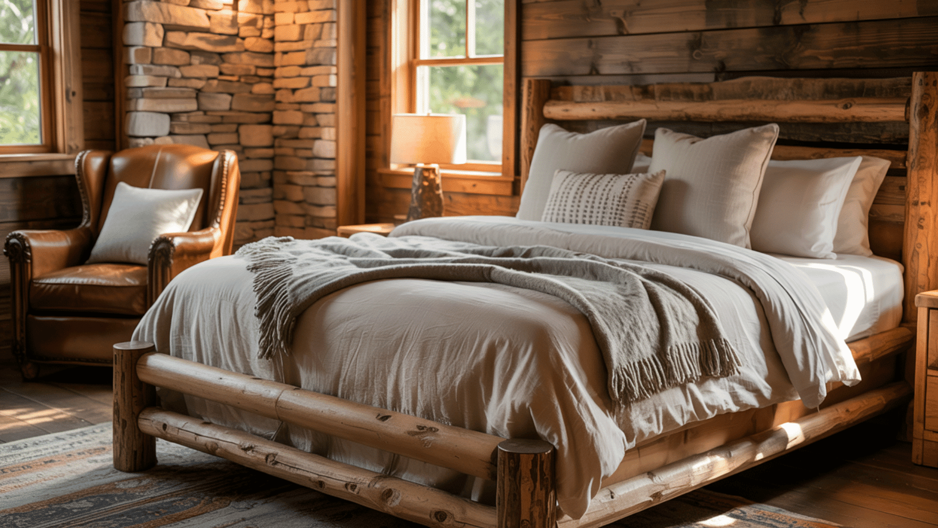 cozy cabin bedroom with a stone wall, leather armchair, and rustic wood bed frame.