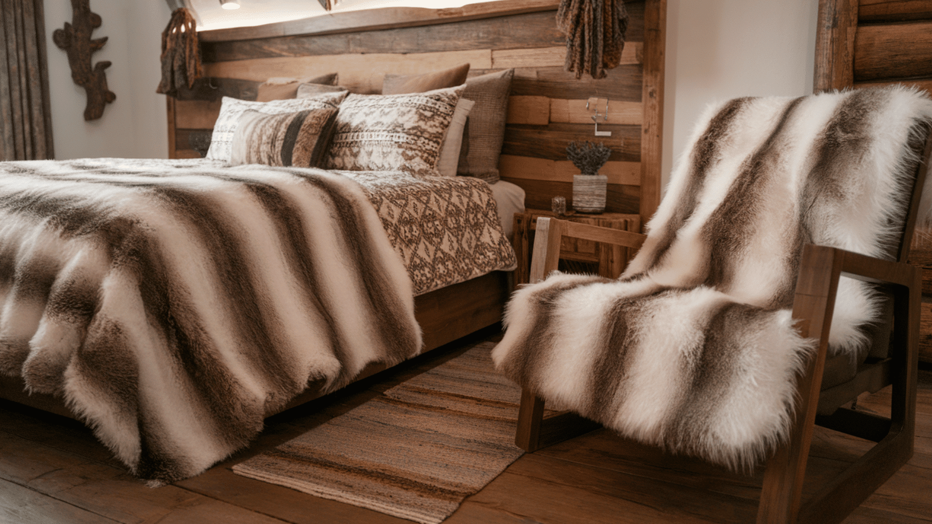 cozy cabin bedroom with faux fur throws, a large wooden bed frame, and ambient lighting.
