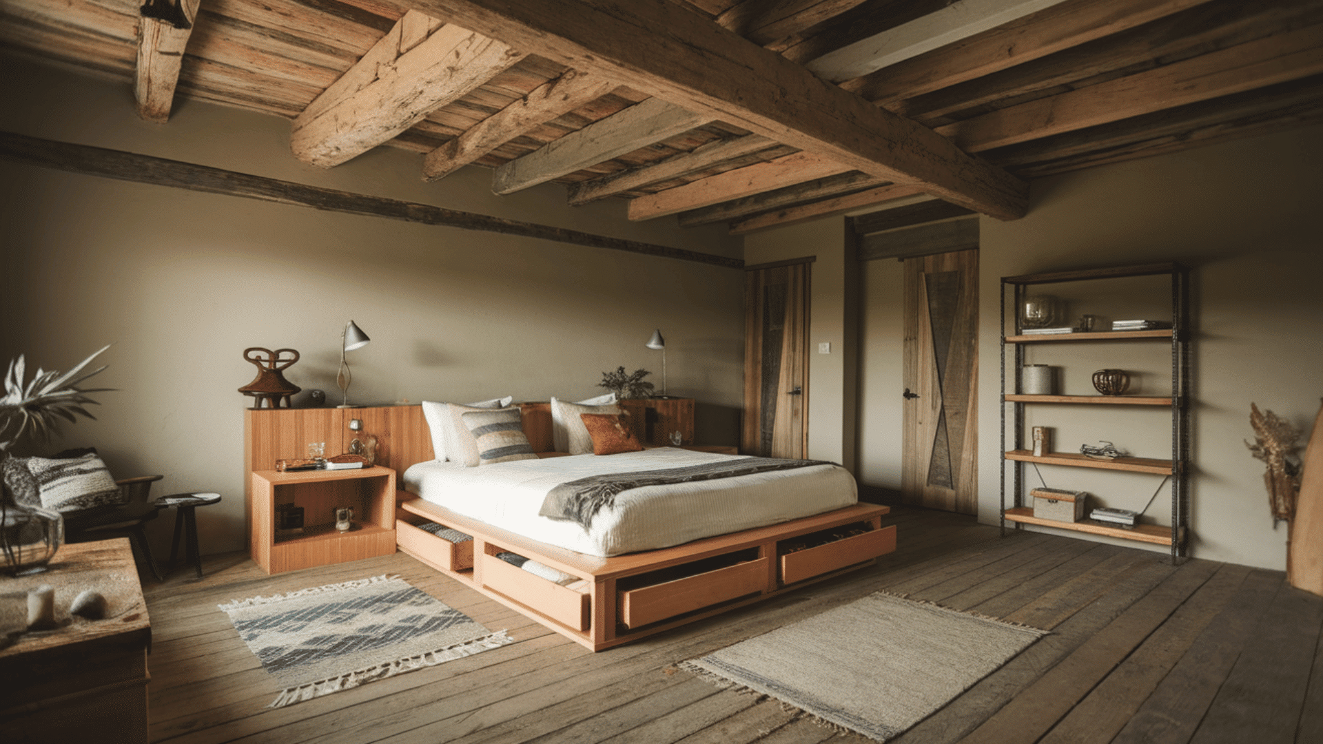 cozy cabin bedroom with wooden beams, a simple bed, and natural decor.