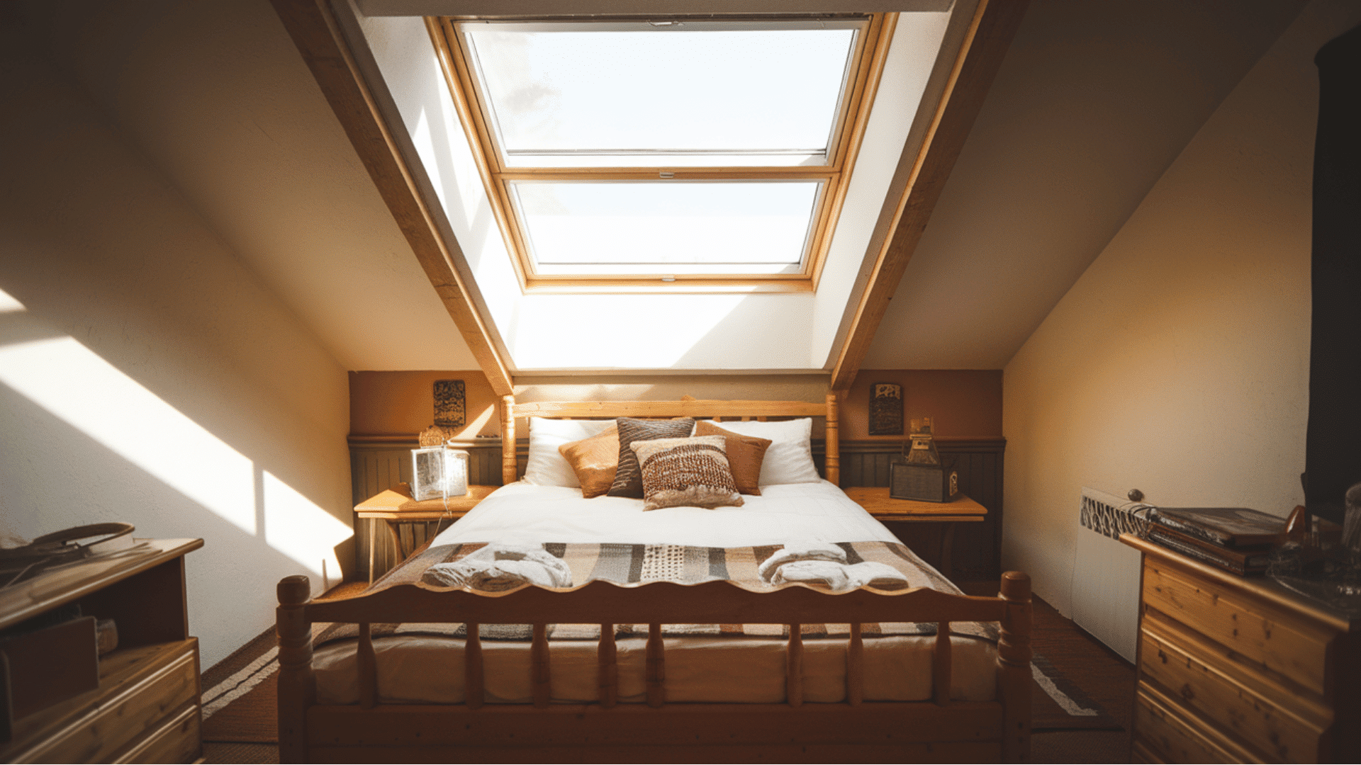 cozy cabin bedroom with wooden bed frames and warm, rustic decor.