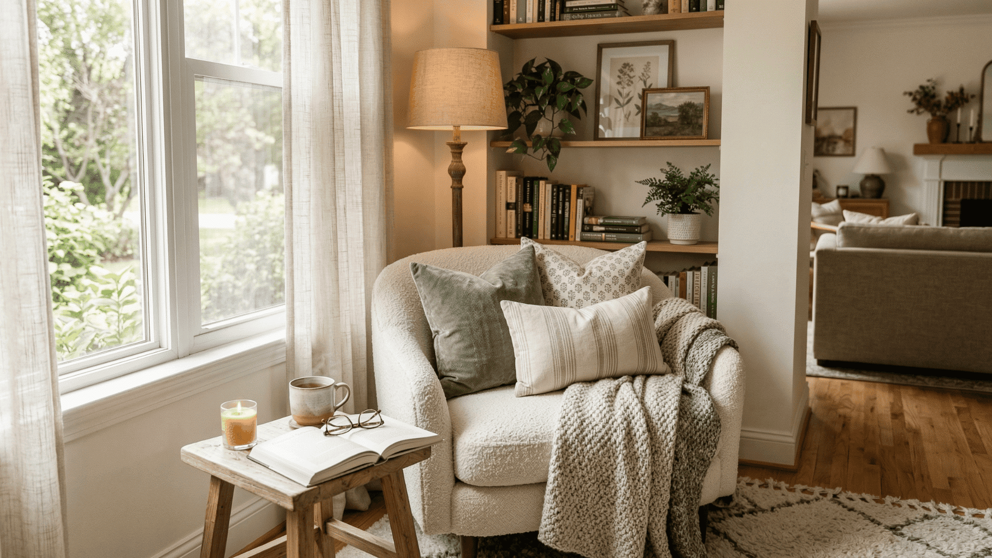 cozy corner in living room to encourage relaxation and calm energy