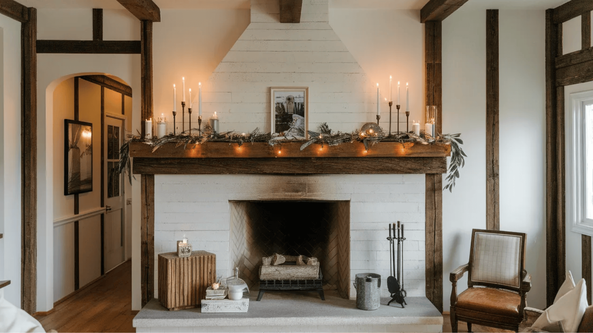 cozy fireplace with a rustic wooden mantel, decorated with candles, greenery, and soft lighting, creating a warm ambiance