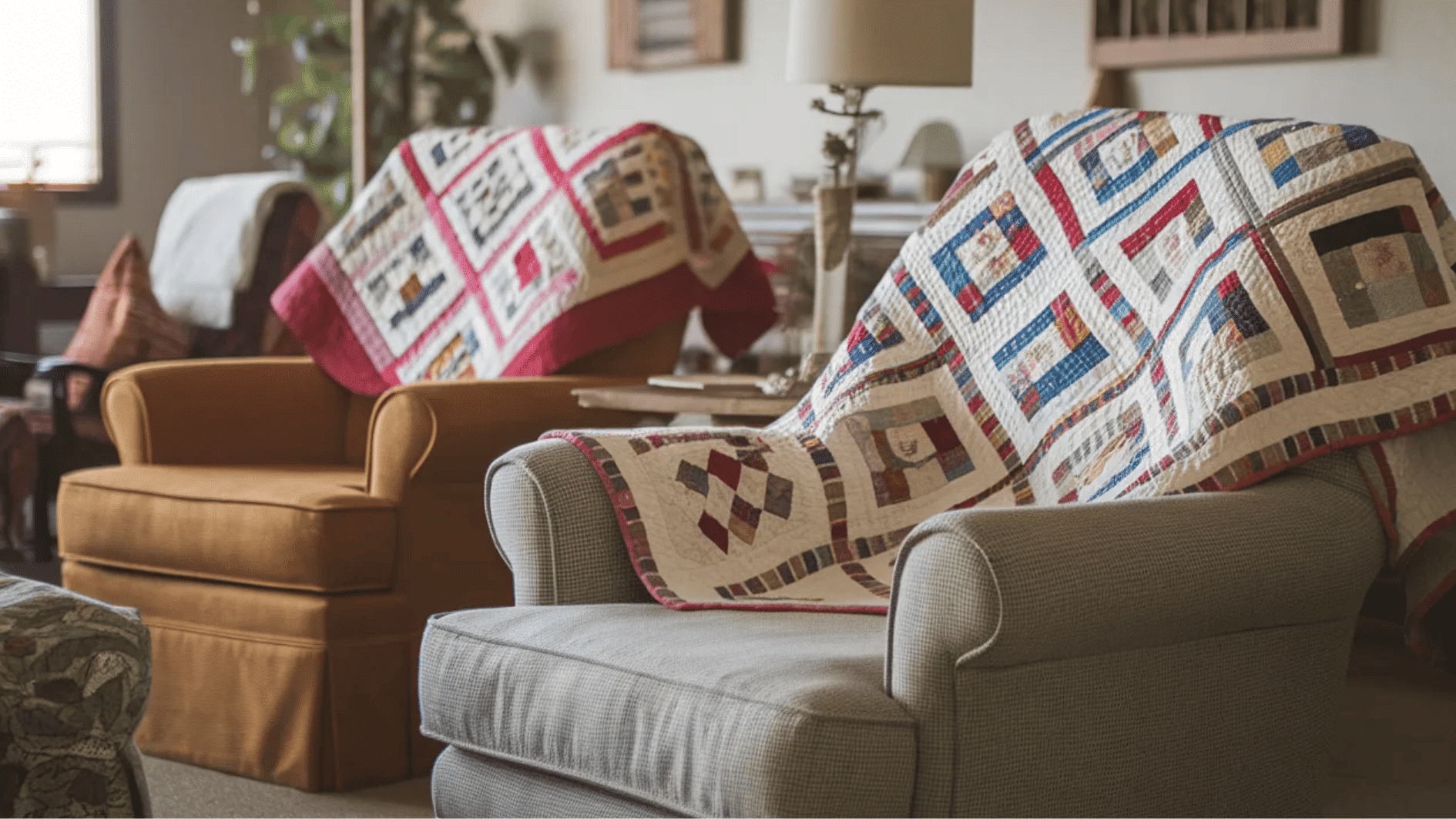 cozy living room with two armchairs draped in colorful quilts, creating a warm and inviting atmosphere