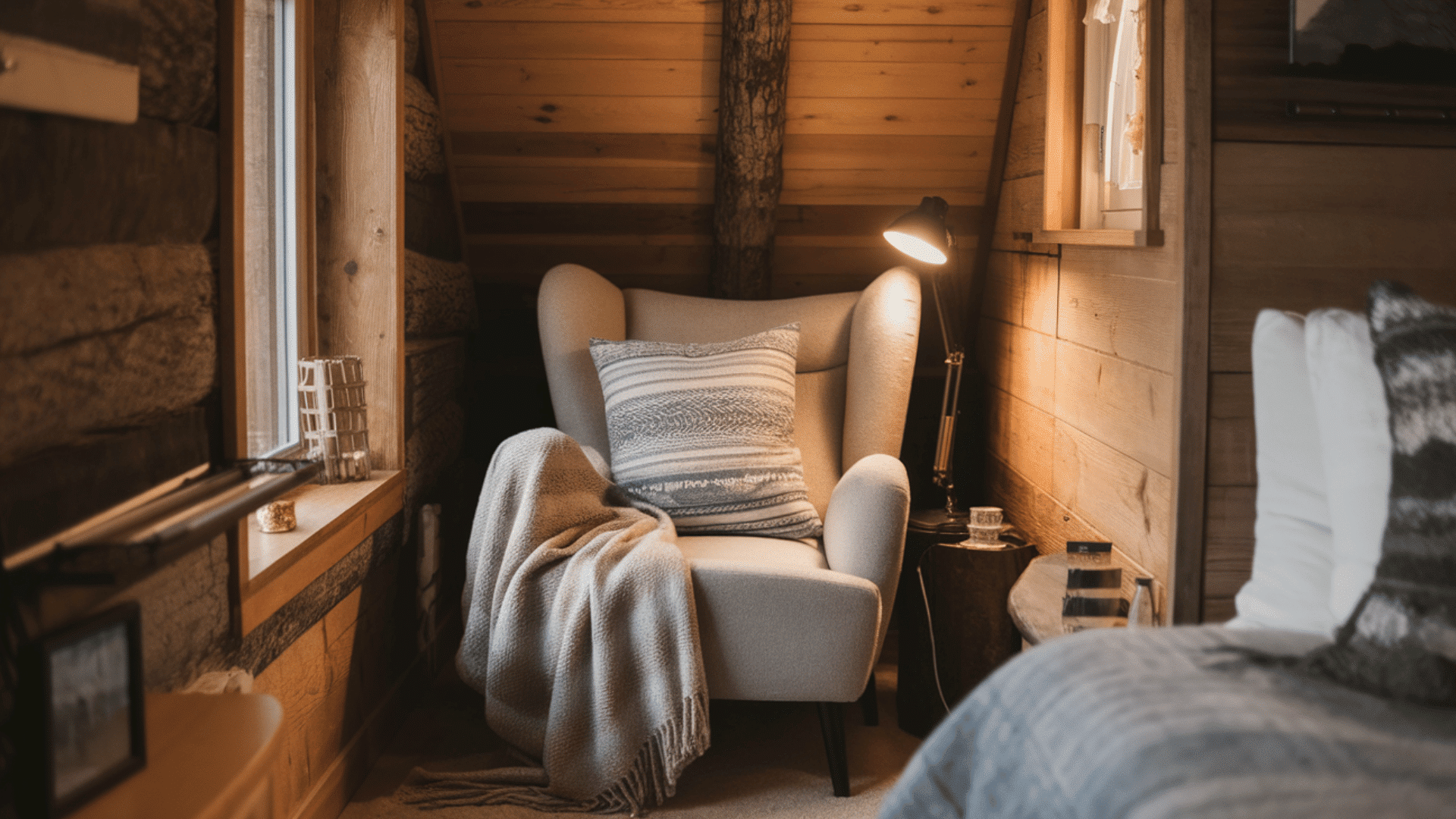 cozy reading nook in a cabin bedroom with a comfy chair and soft lighting.