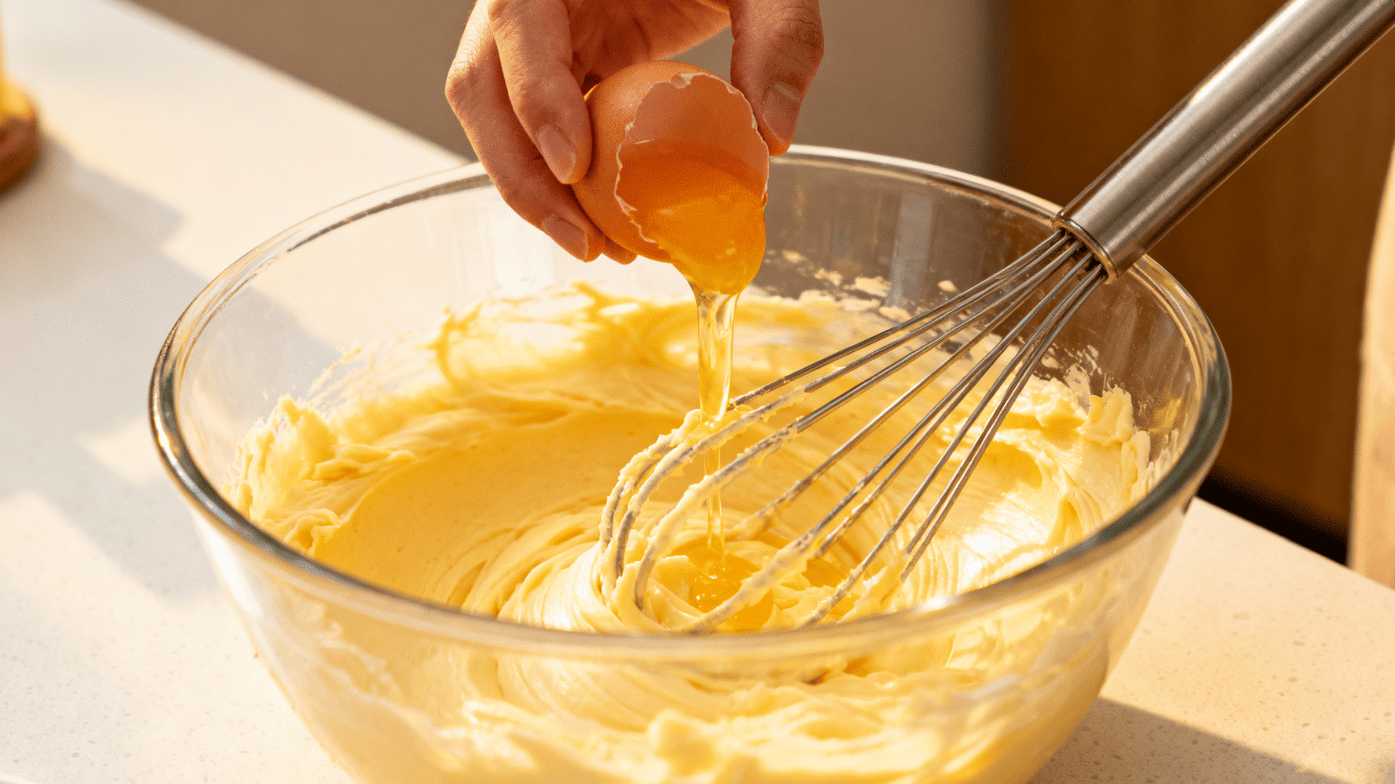 crack the eggs into the butter mixture one at a time, whisking each until fully blended before next