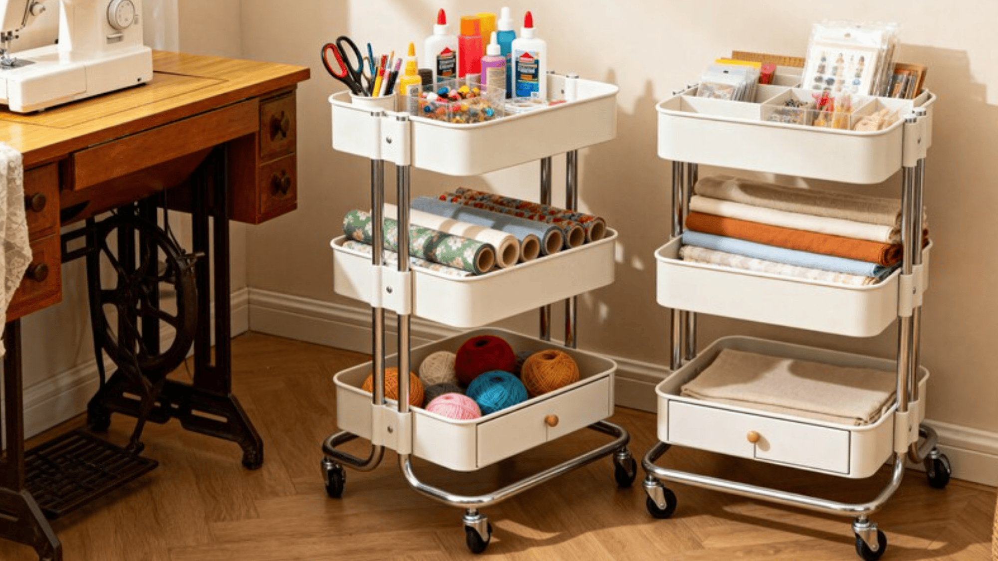 craft cart with colorful supplies, including glue, scissors, yarn, fabric rolls, and notebooks, beside a vintage sewing machine in a well-lit room