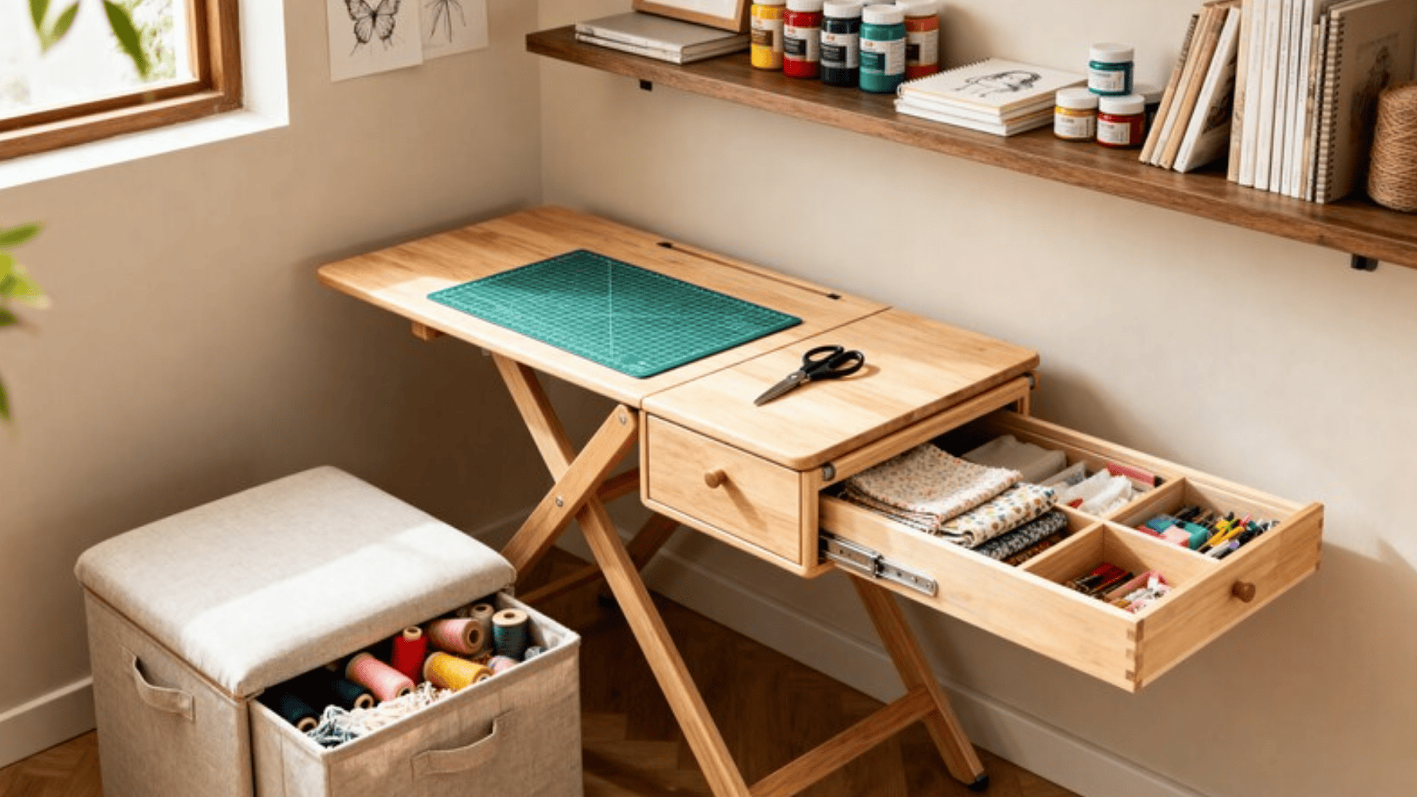 crafting desk with a cutting mat, scissors, and neatly organized drawers filled with sewing supplies, surrounded by colorful paints and storage baskets