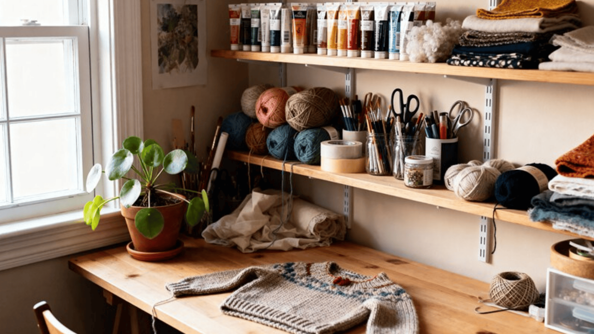 crafting workspace with yarn, knitting supplies, and paint tubes on shelves, alongside a cozy sweater in progress and a potted plant by the window