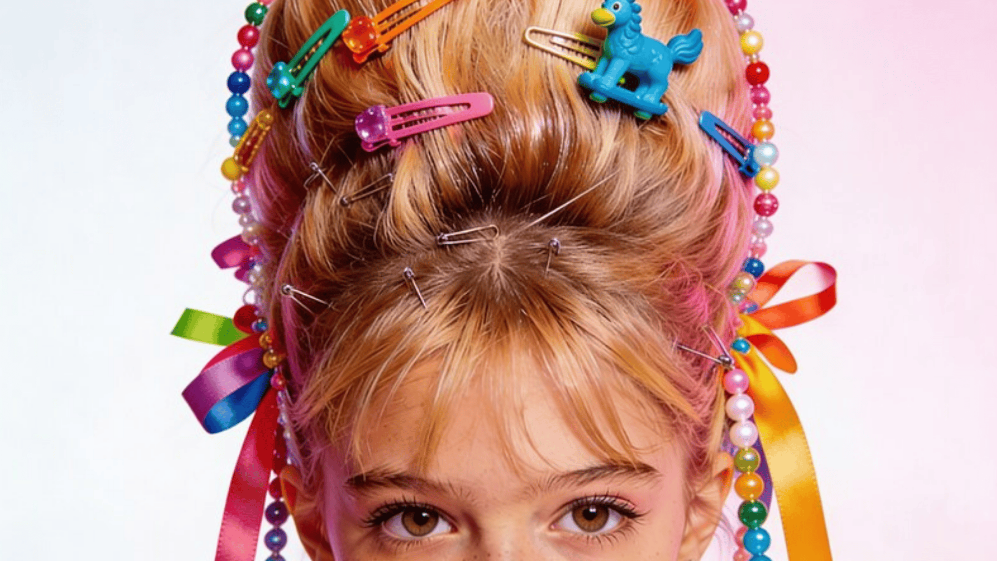 creative and colorful hairstyle adorned with playful hair clips, beads, ribbons, and toy figures, creating a fun and vibrant look