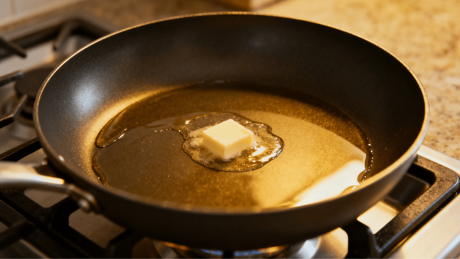 cube of butter melting and spreading in a heated nonstick pan on the stove preparing the surface for cooking pancakes