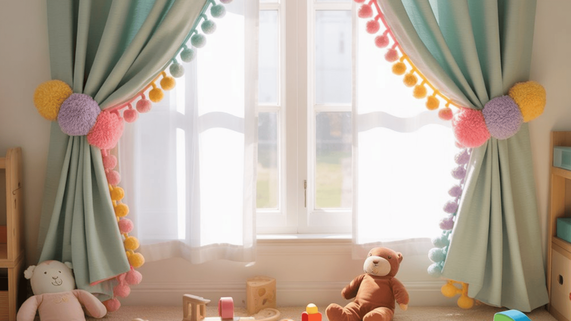 cute pompom curtains ina playroom with many toys