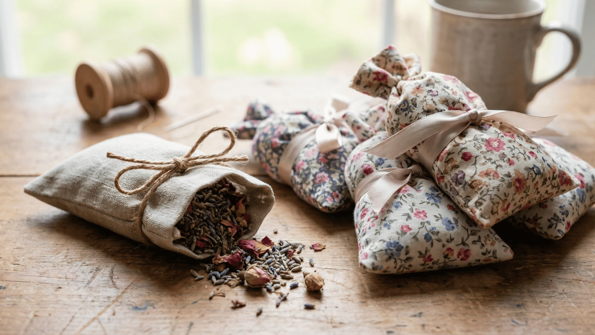 dried lavender spills from a small linen pouch next to several floral-patterned sachets tied with pink ribbons.