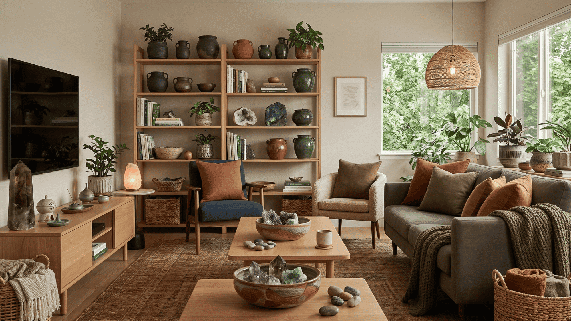 earth elements in living room for grounding Feng Shui energy