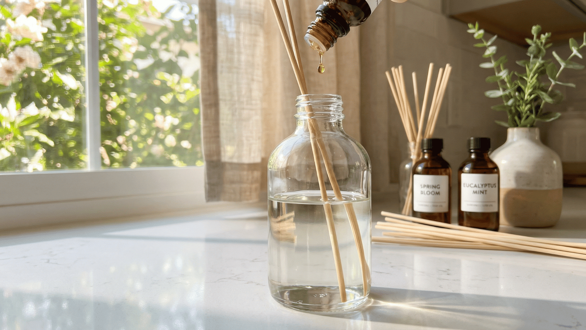 essential oil is dripped into a clear glass bottle filled with liquid and wooden reeds on a bright white counter.