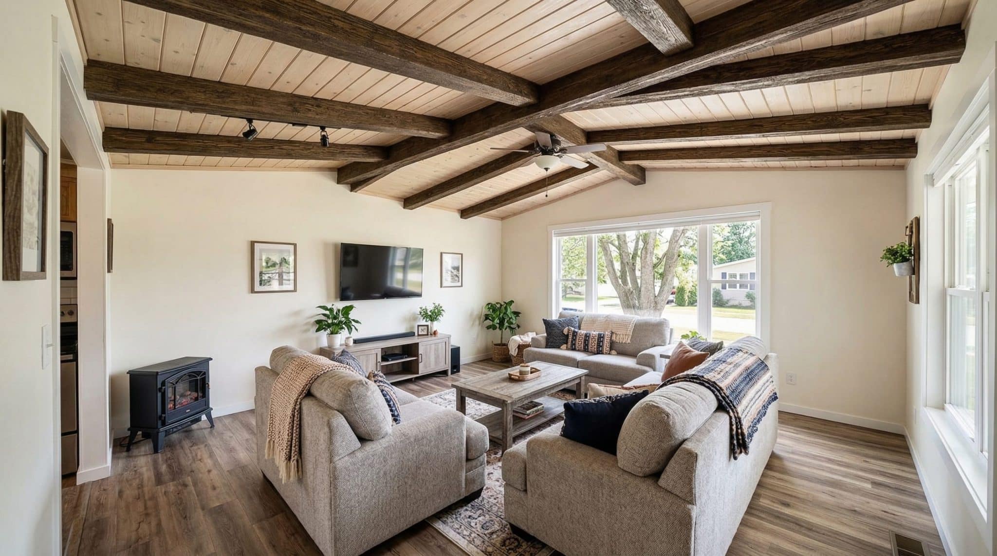 exposed beams in a mobile lving room