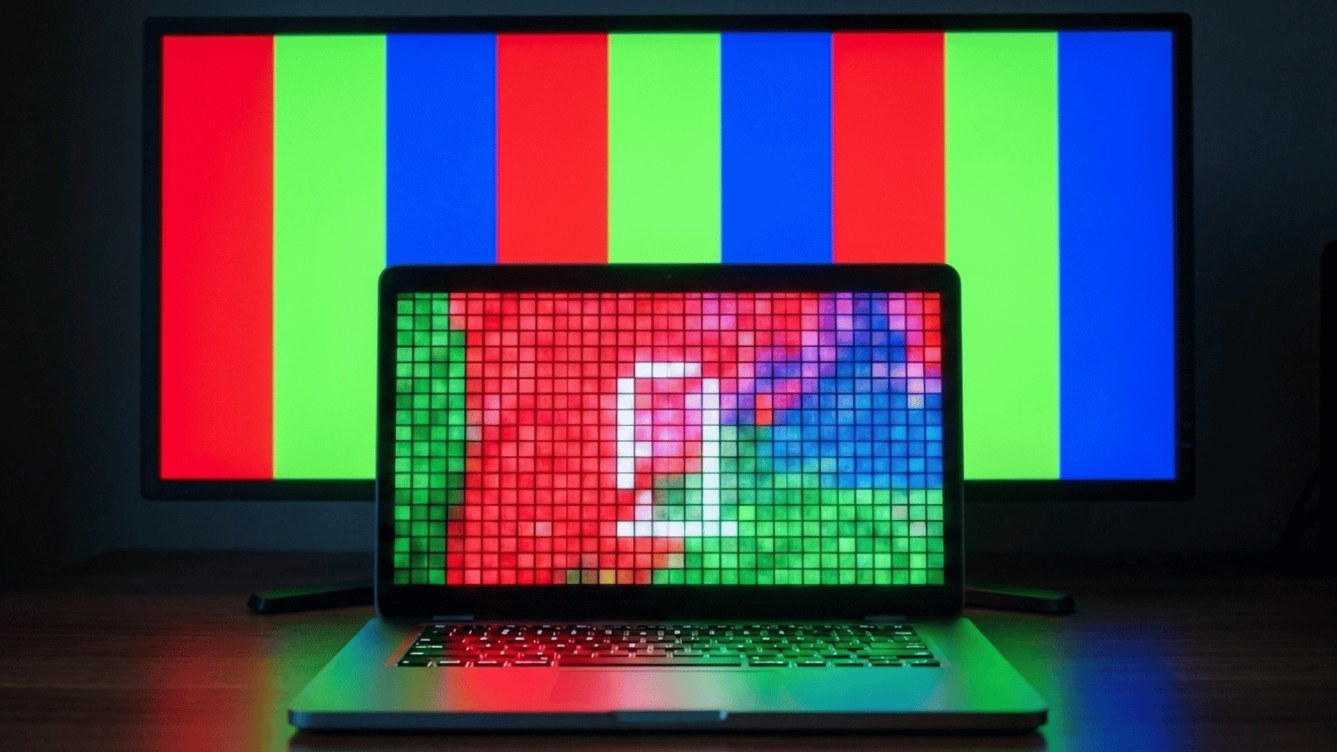extreme close-up of luminous red, green, and blue sub-pixels glowing on multiple screens.