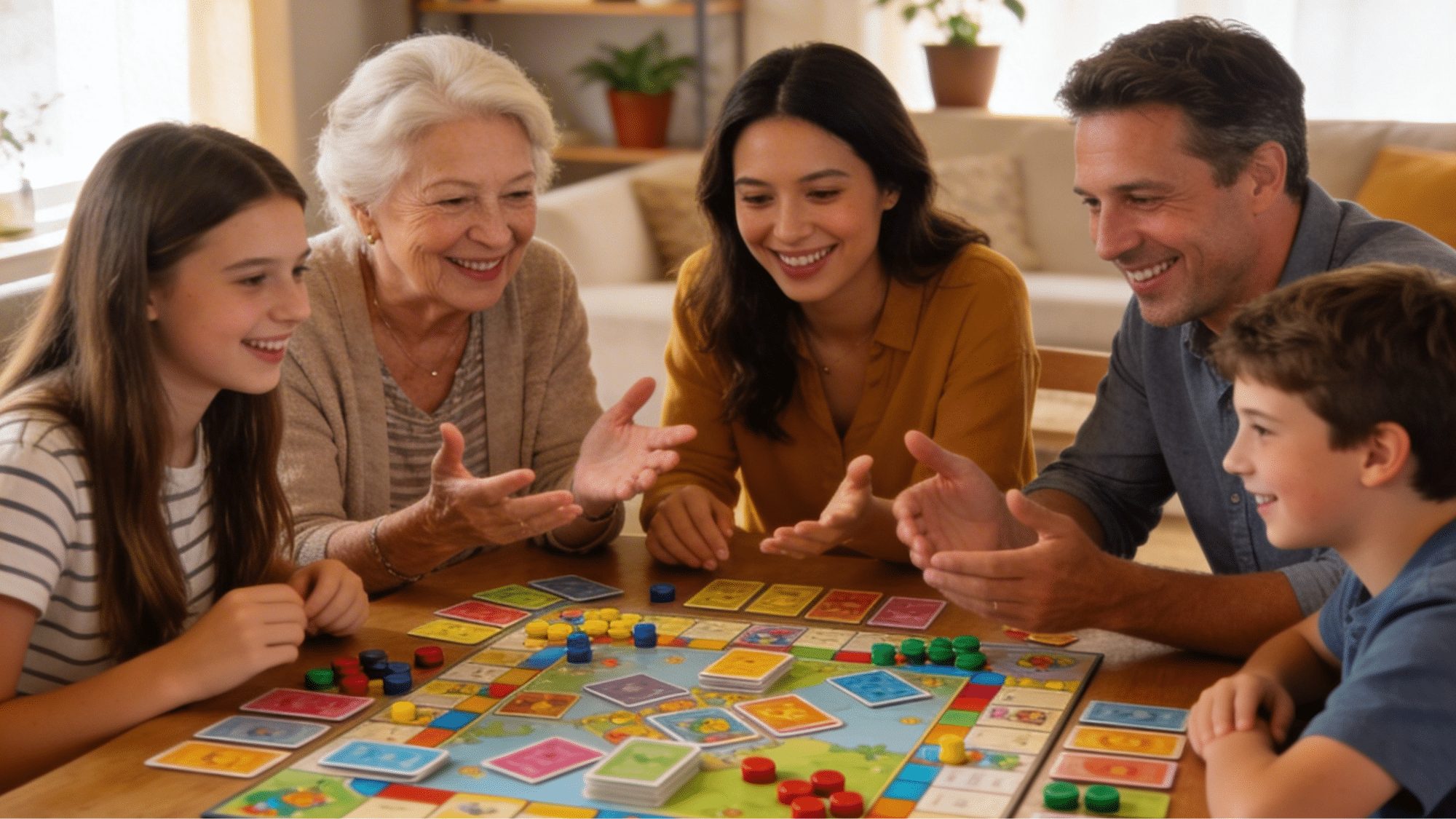 family of five playing a board game together, enjoying quality time and laughter around the table.