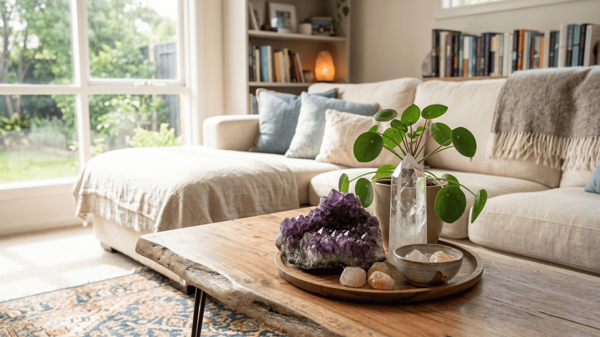 feng shui crystals in living room to amplify positive energy flow