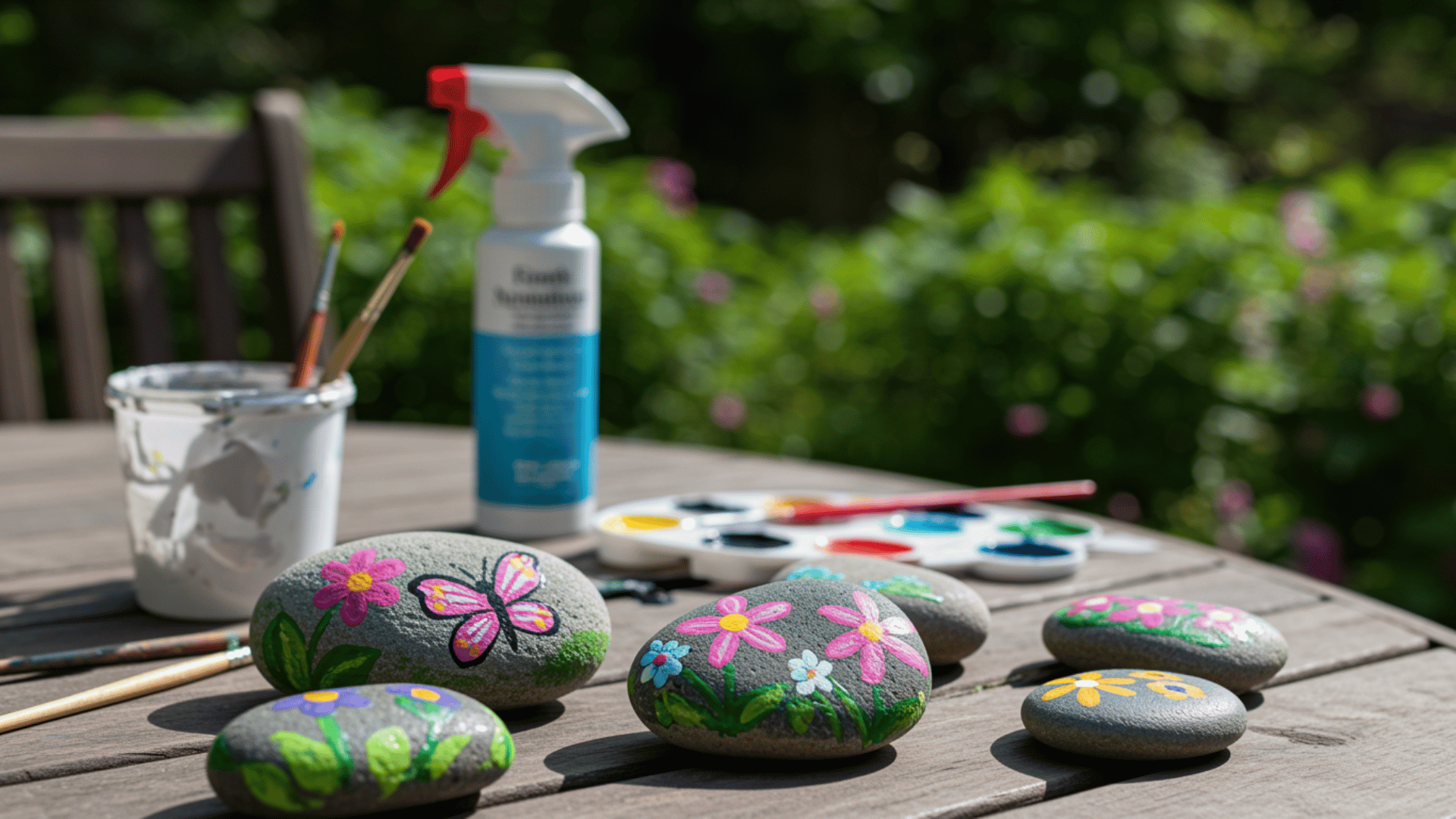 _five smooth river stones painted with vibrant pink flowers and a butterfly rest on a wooden table with paints and brushes.