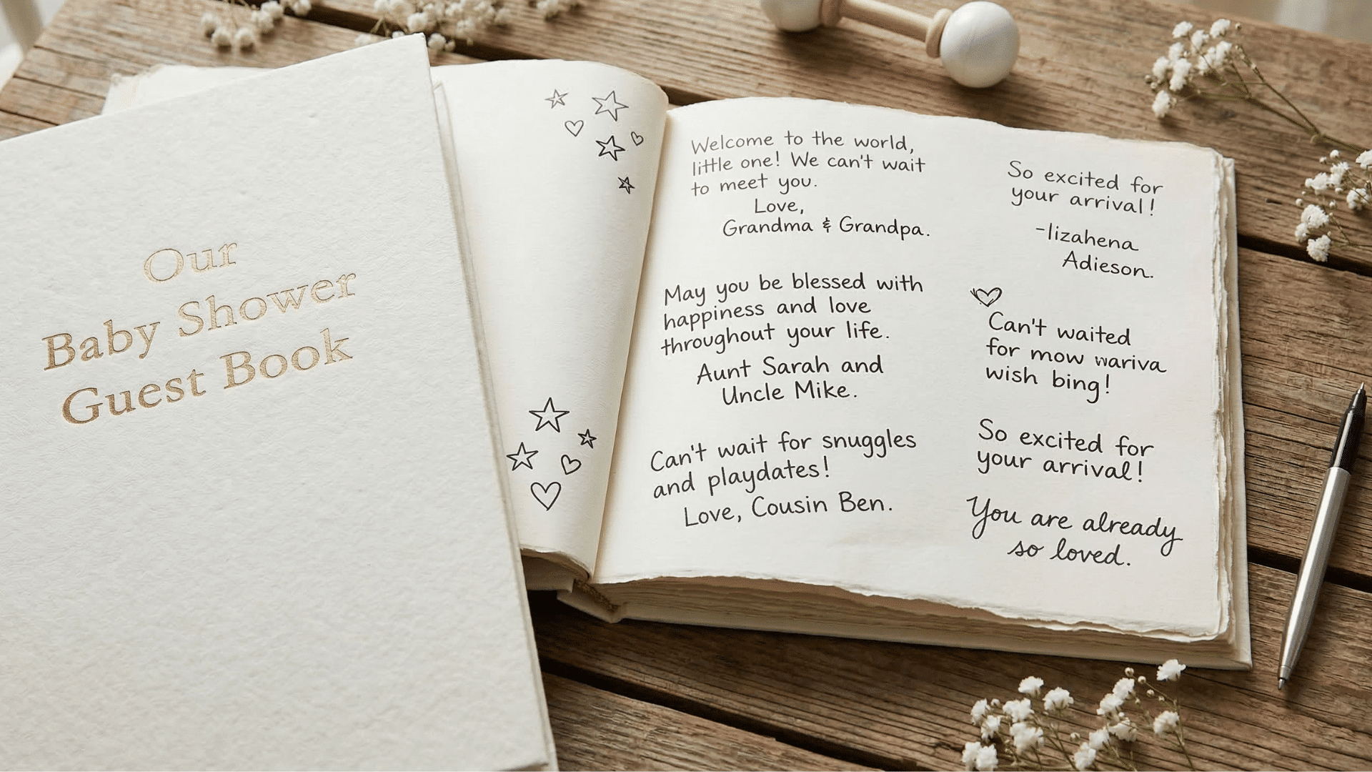 flat lay of an open baby shower guest book with short handwritten well wishes and a silver pen on table