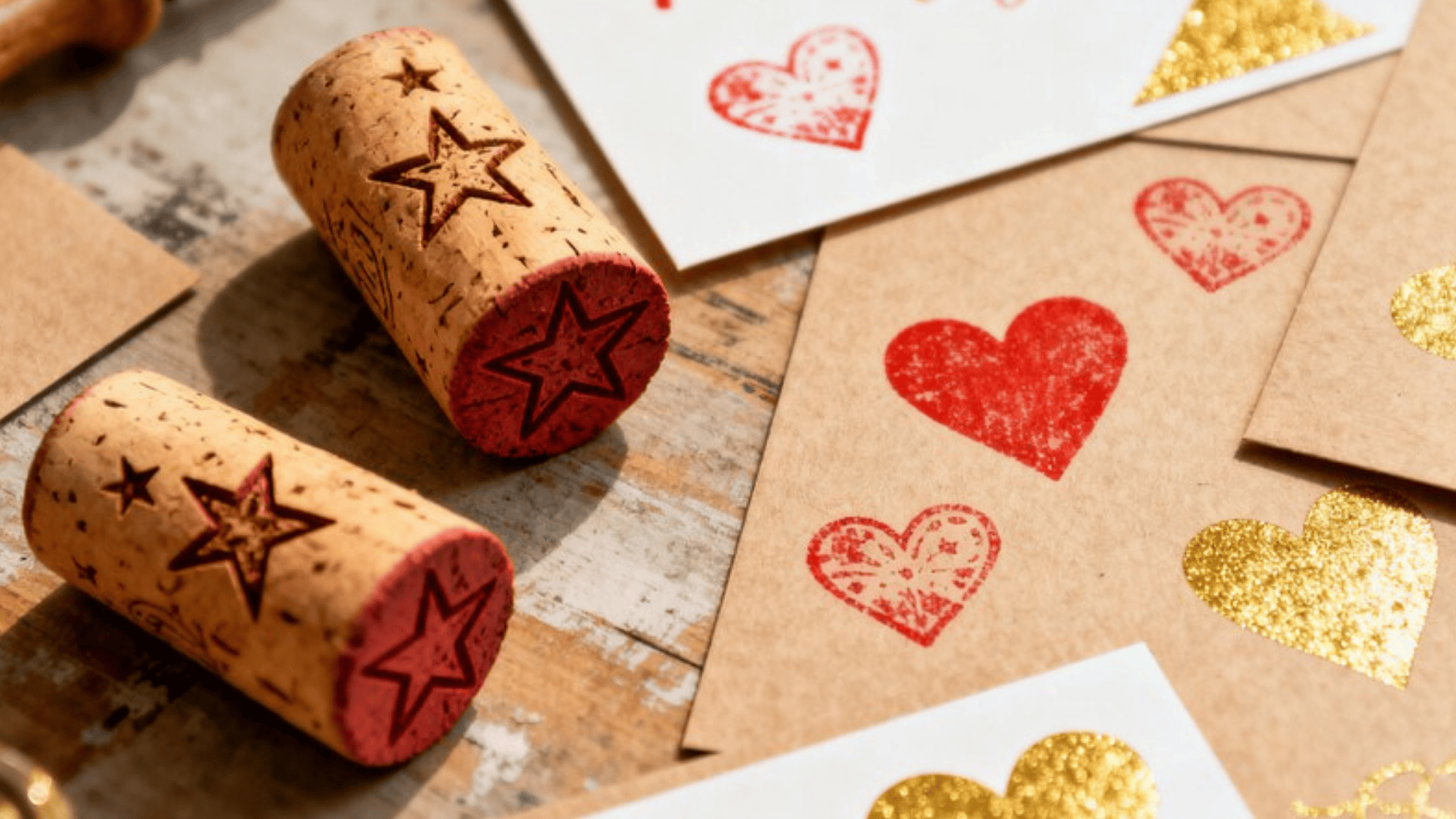 flat lay of wine cork stamps with carved star and heart shapes, stamped greeting cards with red and gold ink prints on craft paper