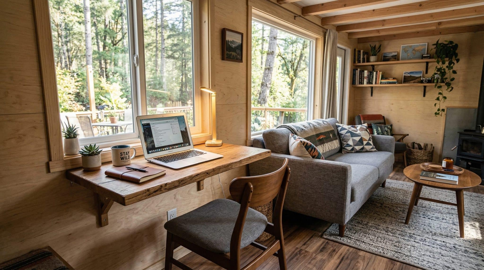 floating desks in a mobile living room for a compact working space