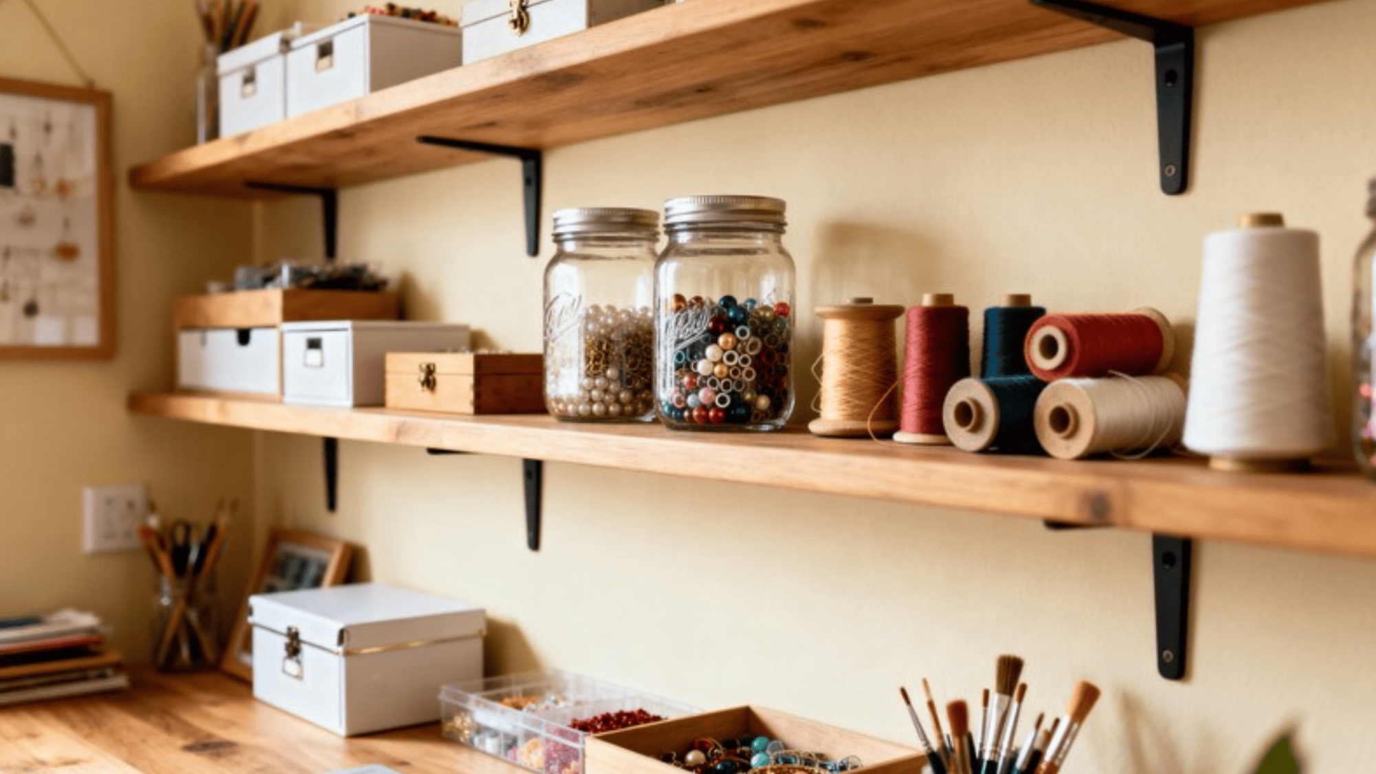 floating shelves with jars of beads, yarn, and storage boxes