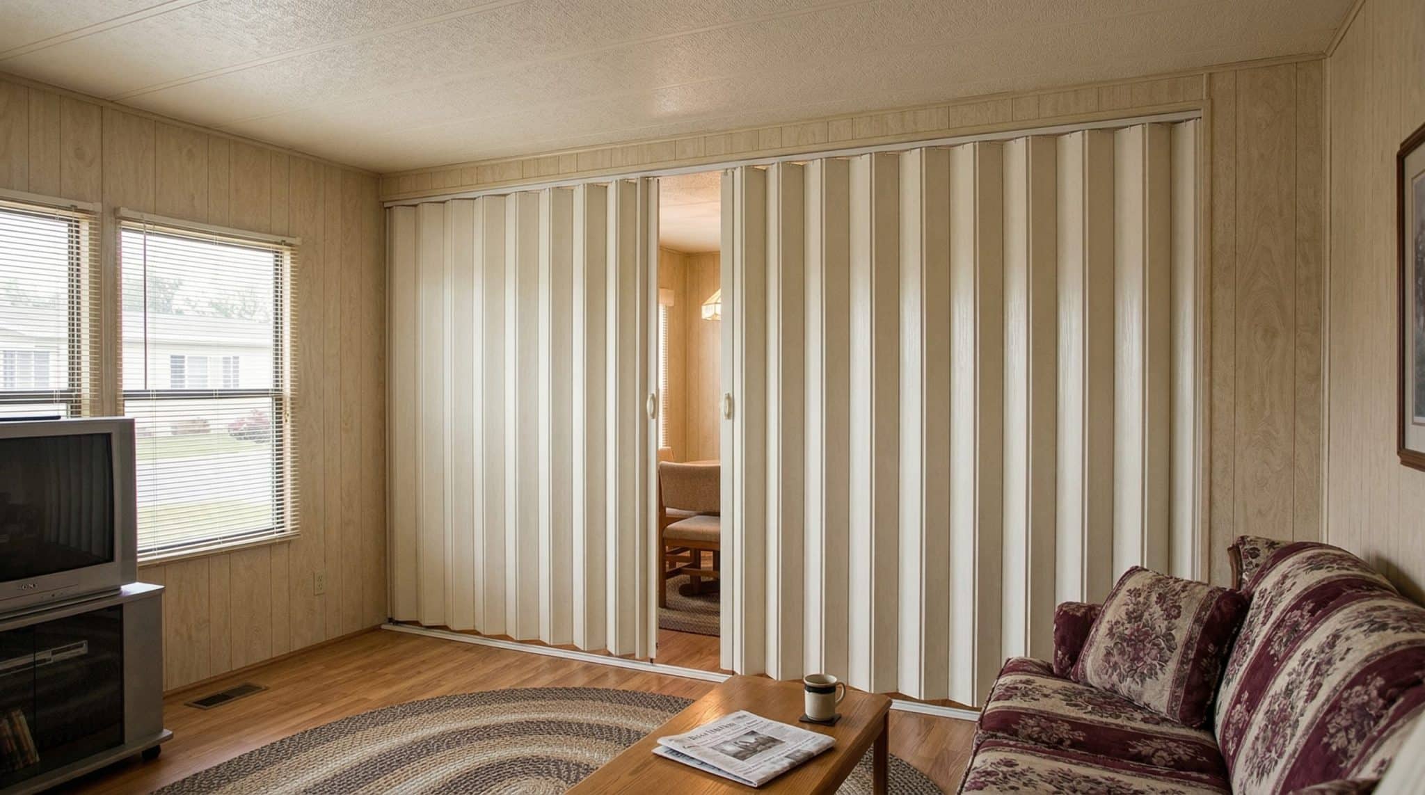 folding door dividing the living room and dining room