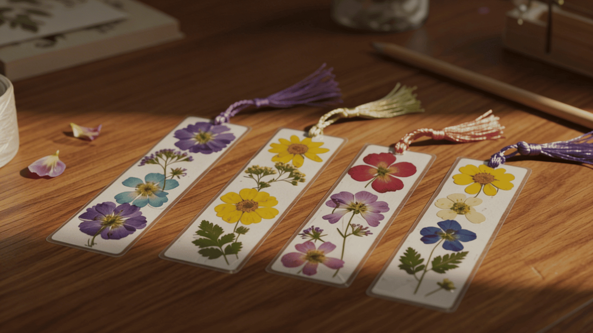 four laminated bookmarks featuring pressed real flowers and colorful silk tassels resting on a sunlit wooden desk.