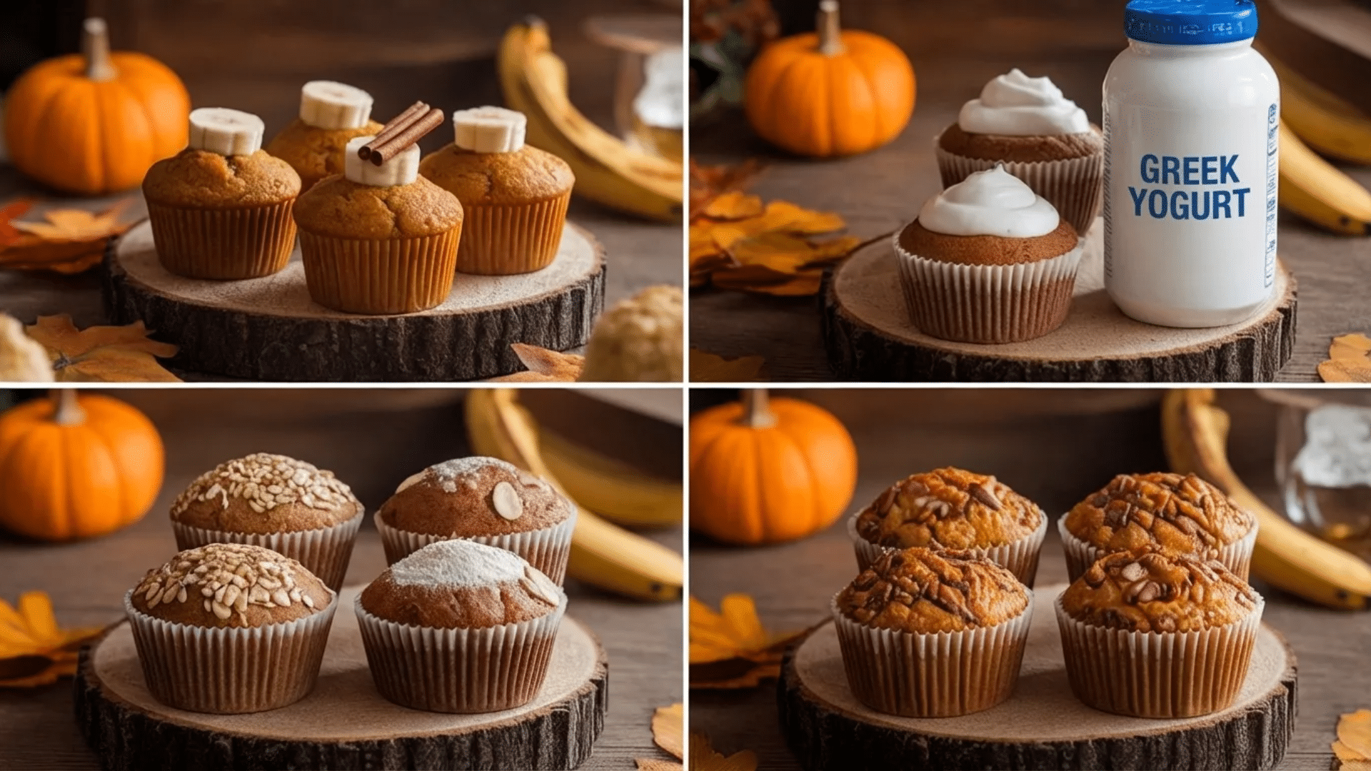 four variations of banana pumpkin muffins including low sugar, high protein, vegan with flax seeds, and chocolate chip muffins arranged in a collage.