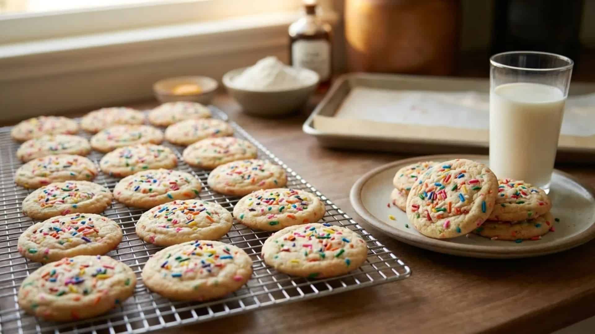 freshly baked sprinkle cookies cooling on a wire rack on a kitchen counter, with a plate of cookies and a glass of milk beside them