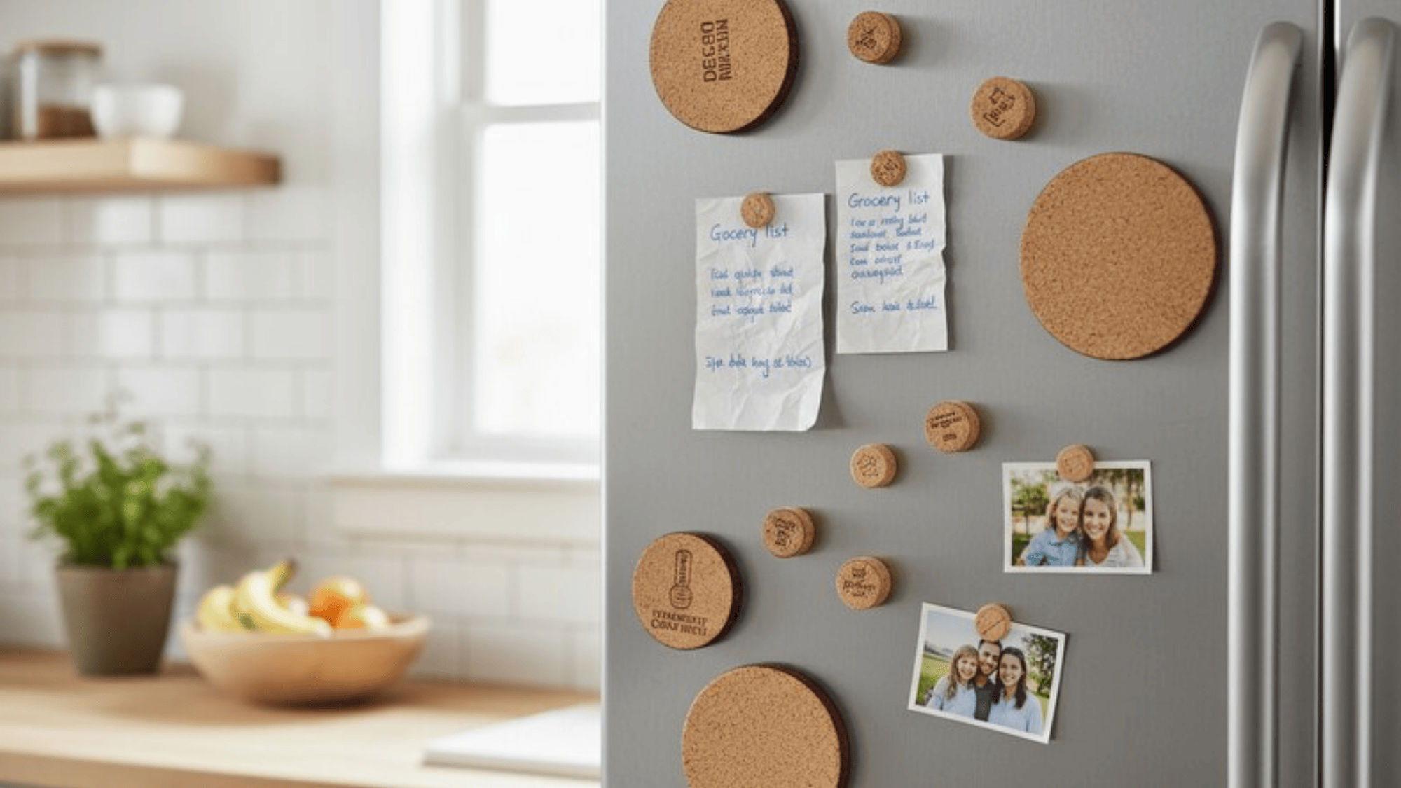 fridge door with round wine cork magnet tiles in various sizes holding up handwritten grocery lists and small family photos, kitchen background