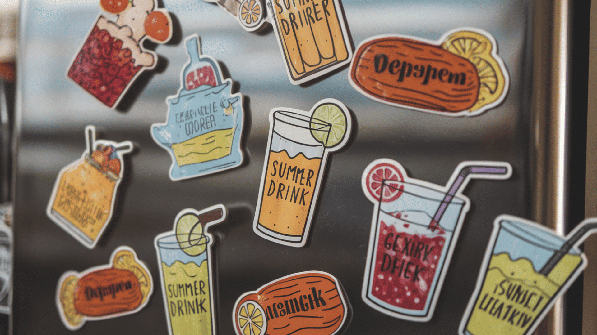 fridge with colorful summer drink magnets, featuring paper designs of various drinks like lemonade