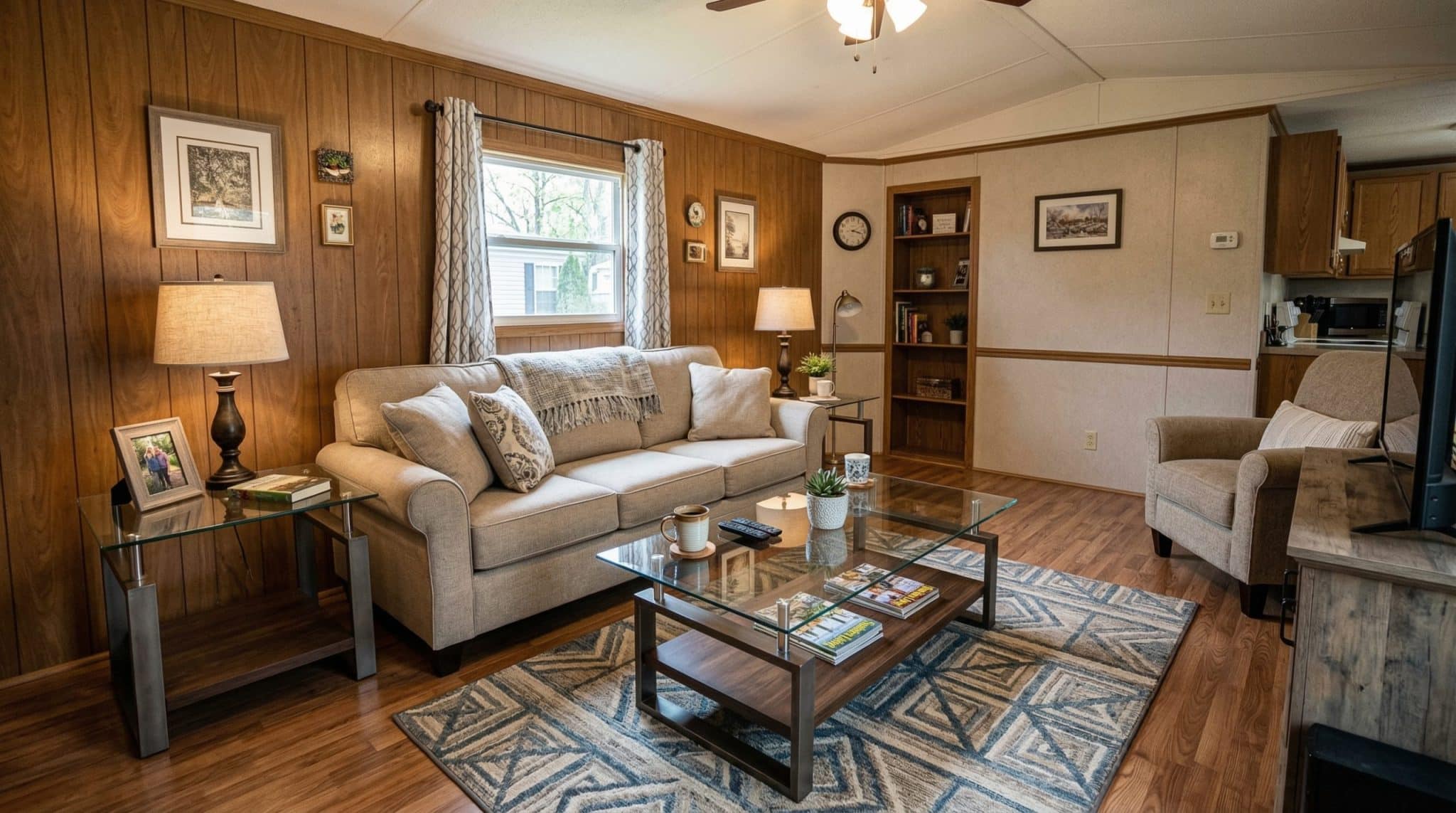 glass coffee table and side table in a mobile living room