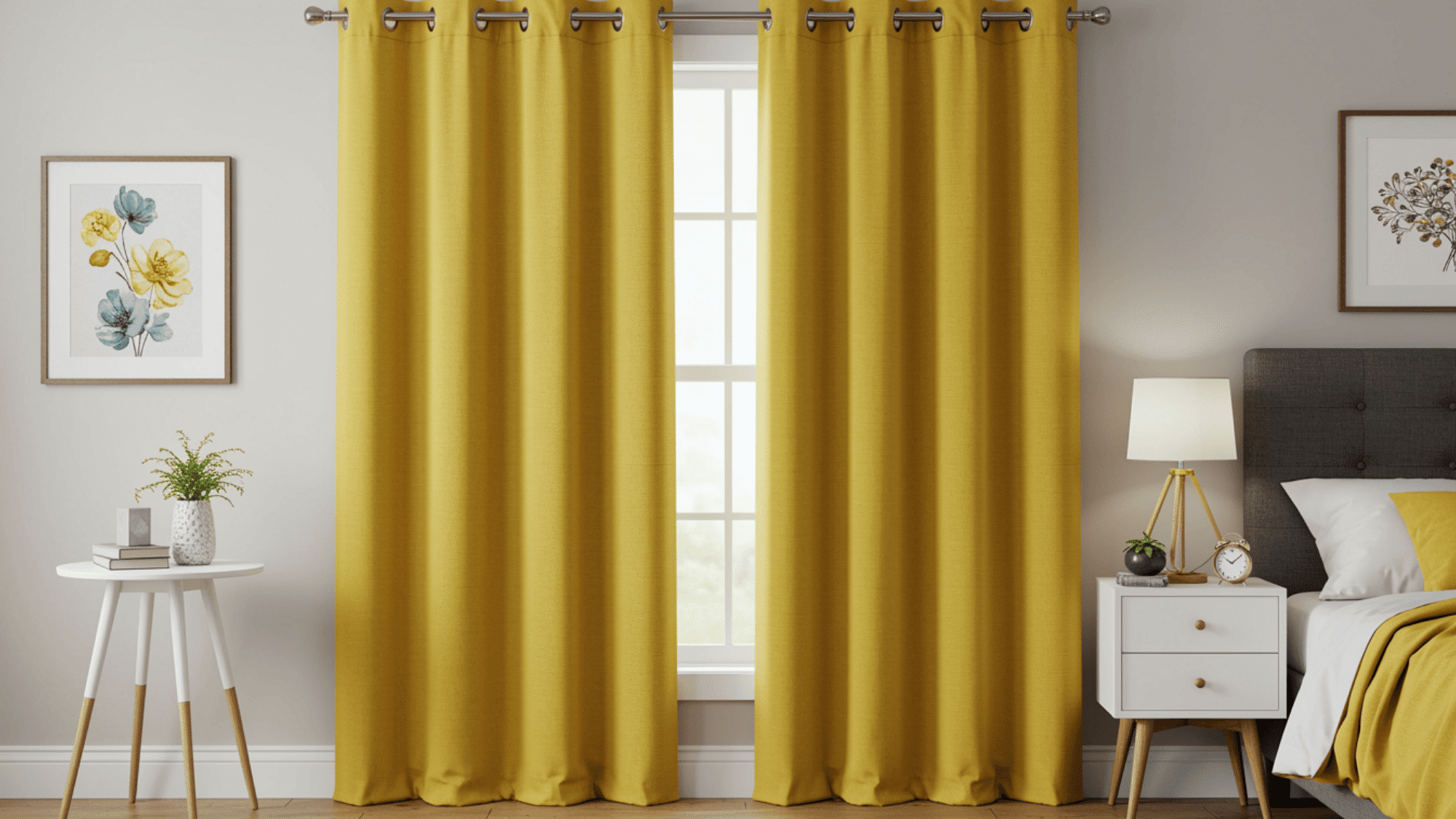 gold accent grommet curtain in a cosy bedroom along with beautiful furniture